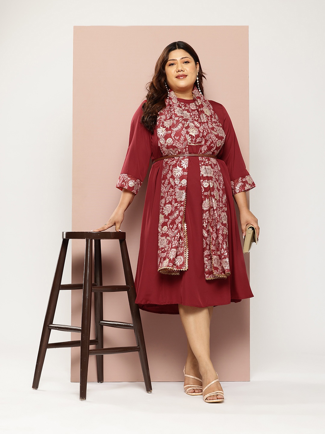 Sztori Plus Size Printed Ethnic A-Line Dress with Dupatta, Maroon