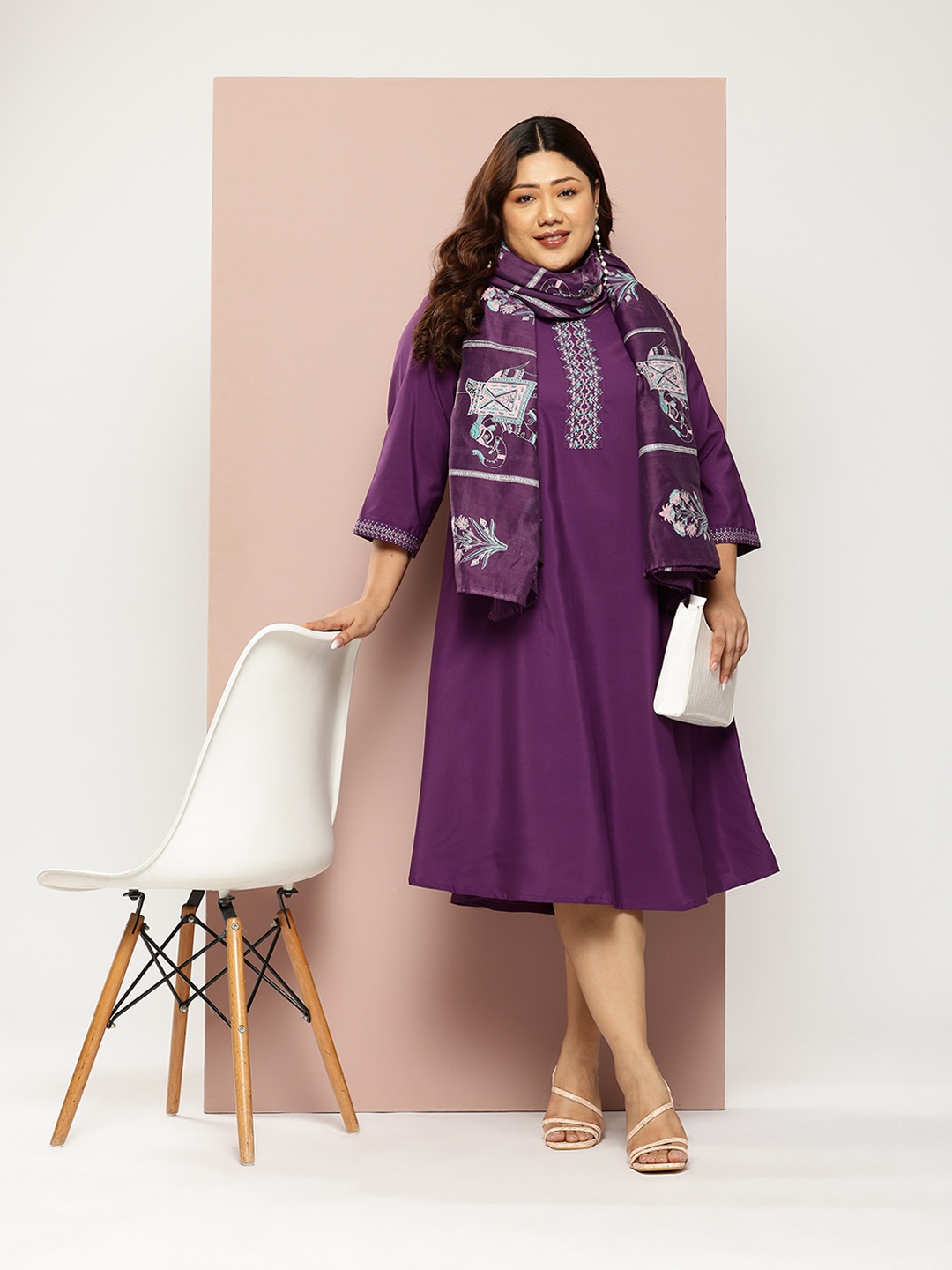 Sztori Plus Size Ethnic A-Line Dress with Dupatta, Purple
