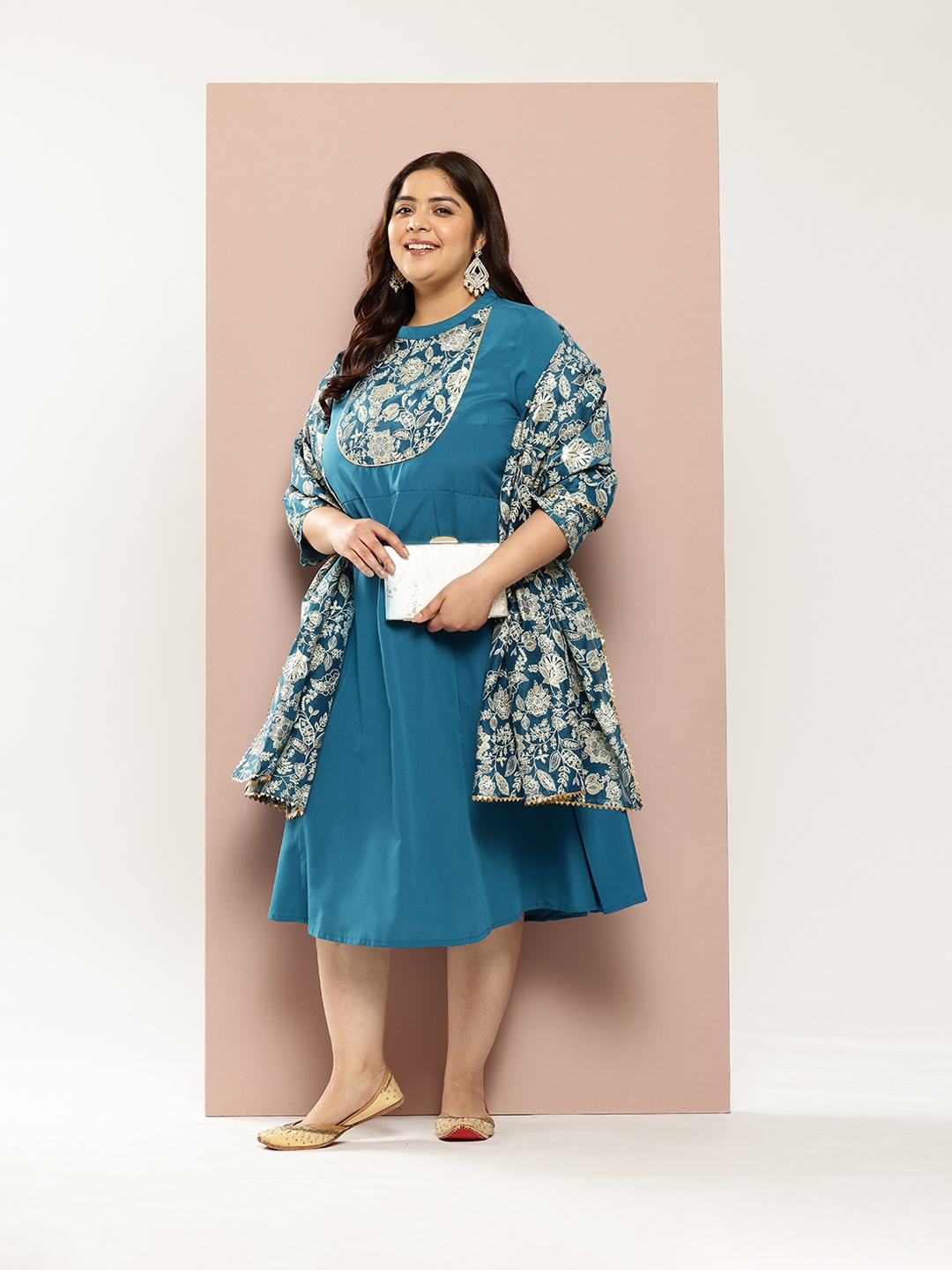 Sztori Plus Size Printed Ethnic A-Line Dress with Dupatta, Teal