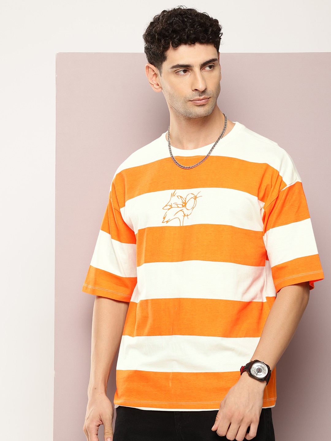 

Kook N Keech Looney Tunes Striped Oversized Drop-Shoulder Sleeves Pure Cotton T-shirt, Orange