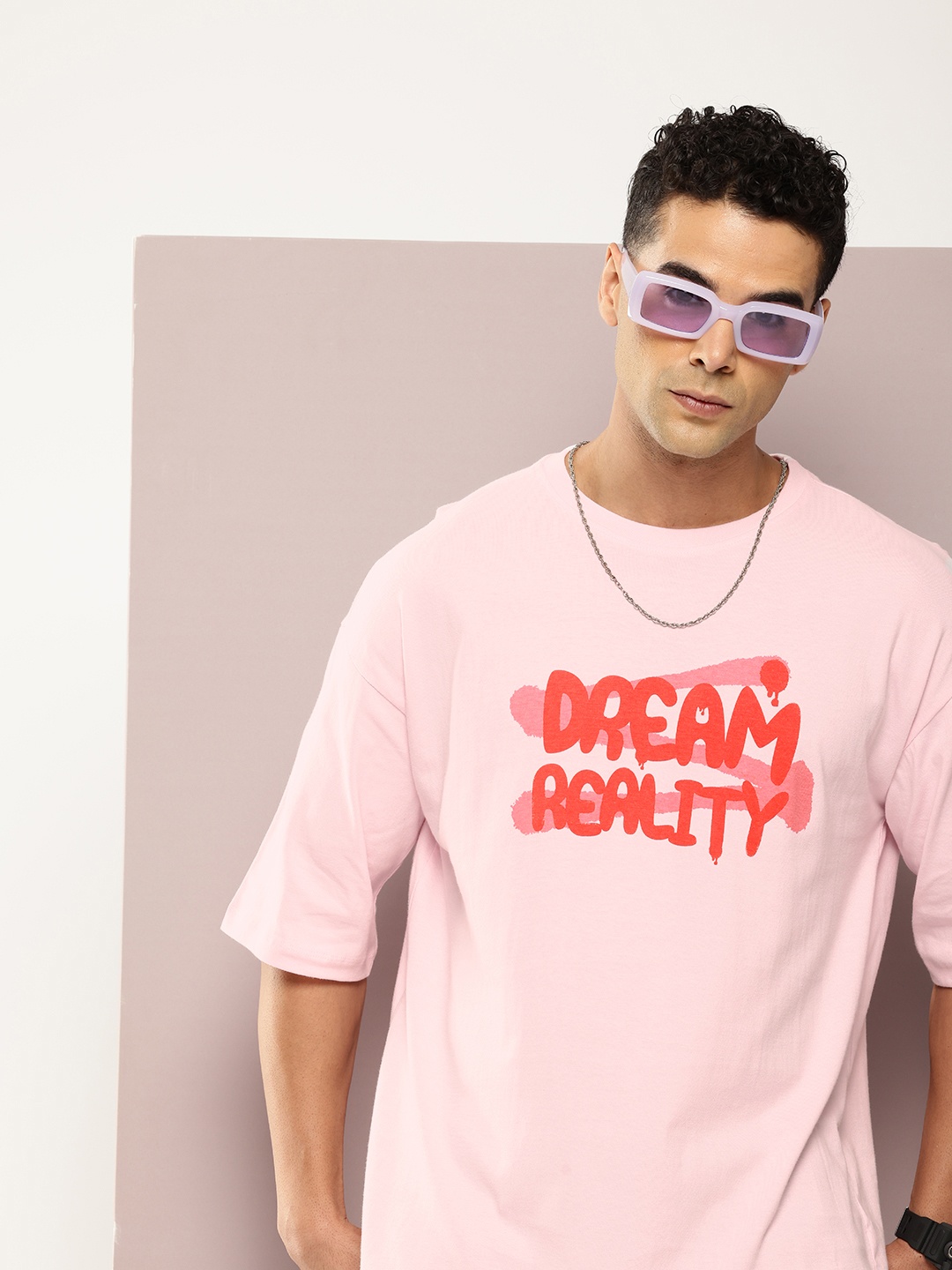 

Kook N Keech Typography Printed Drop-Shoulder Sleeves Pure Cotton Oversized T-shirt, Pink