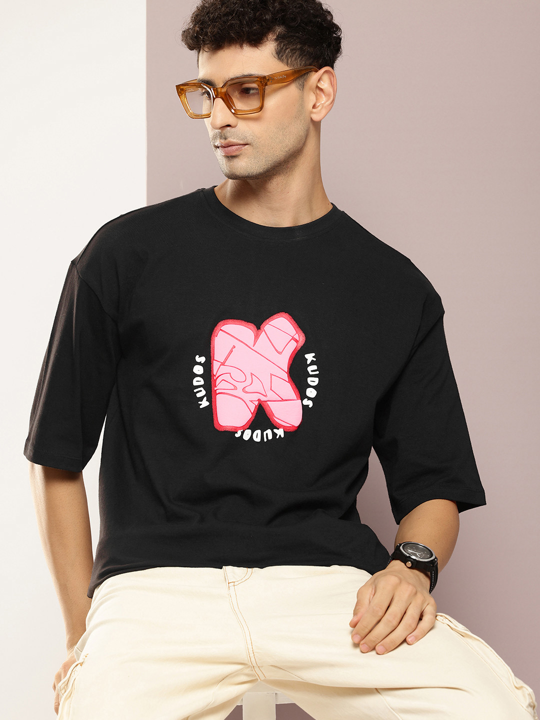 

Kook N Keech Printed Drop-Shoulder Sleeves Pure Cotton T-shirt, Black
