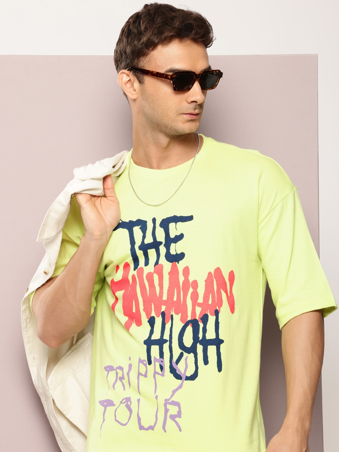 

Kook N Keech Printed Drop-Shoulder Sleeves Pure Cotton Oversized T-shirt, Fluorescent green