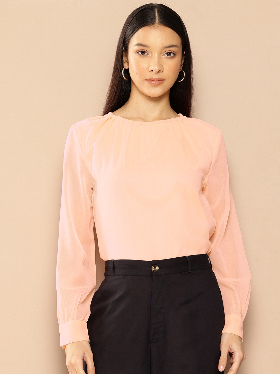 

Chemistry Boat Neck Full Cuffed Sleeves Top, Pink
