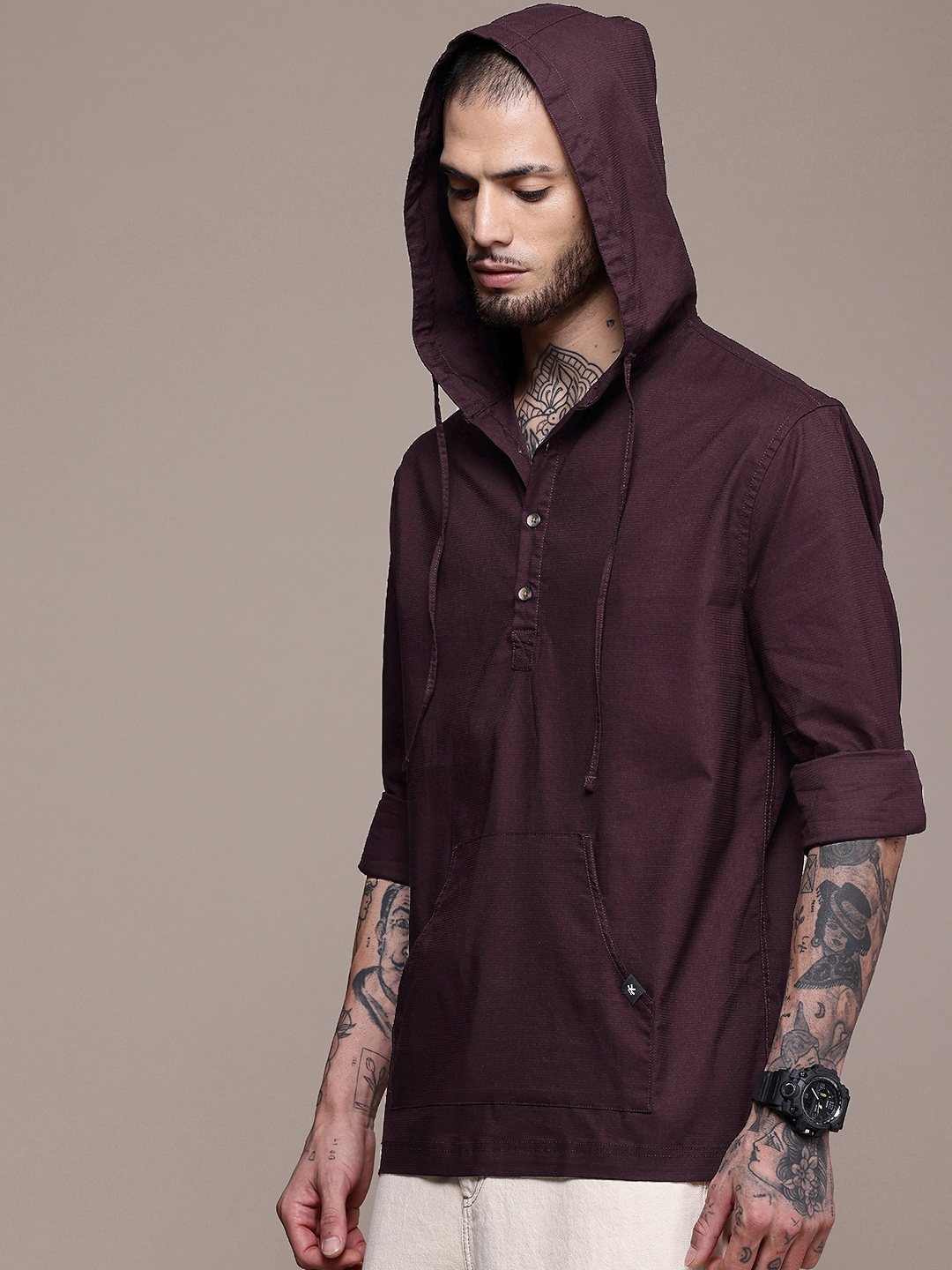 

WROGN Hooded Kangaroo Pocket Casual Shirt, Burgundy