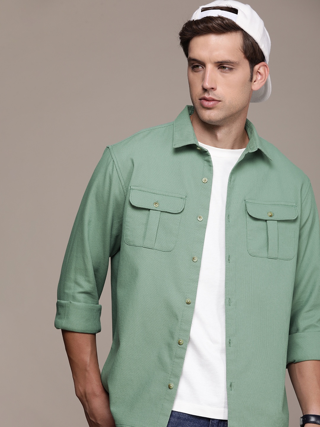 

WROGN Self Design Regular Fit Textured Casual Shirt, Green