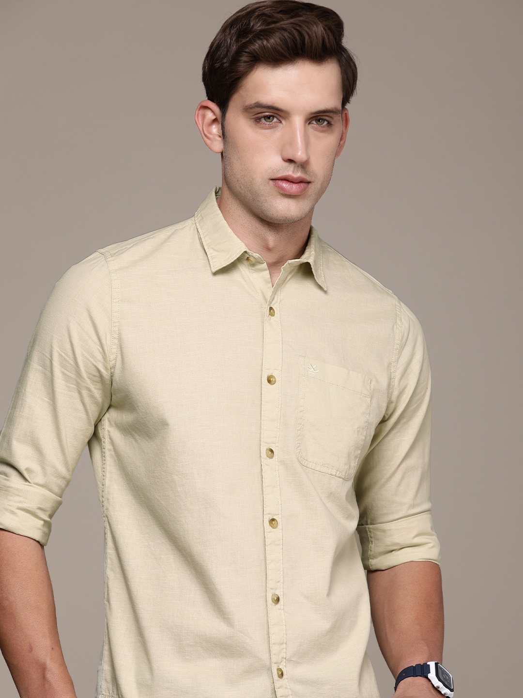 

WROGN Men Slim Fit Solid Opaque Pure Cotton Casual Shirt, Beige