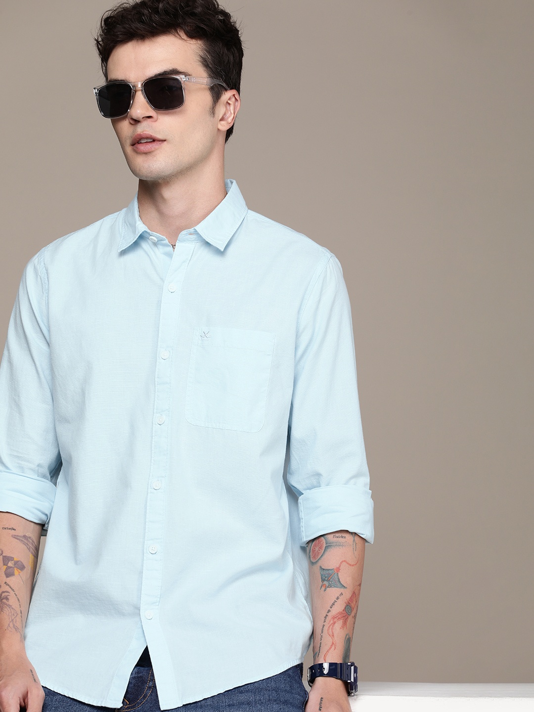 

WROGN Pure Cotton Slim Fit Casual Shirt, Blue