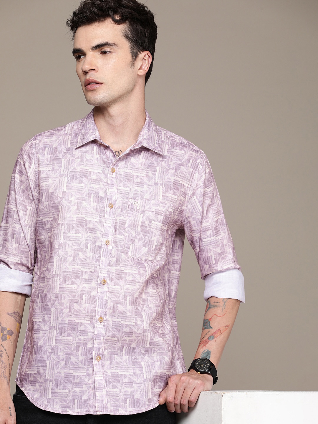 

WROGN Men Slim Fit Printed Casual Shirt, Lavender