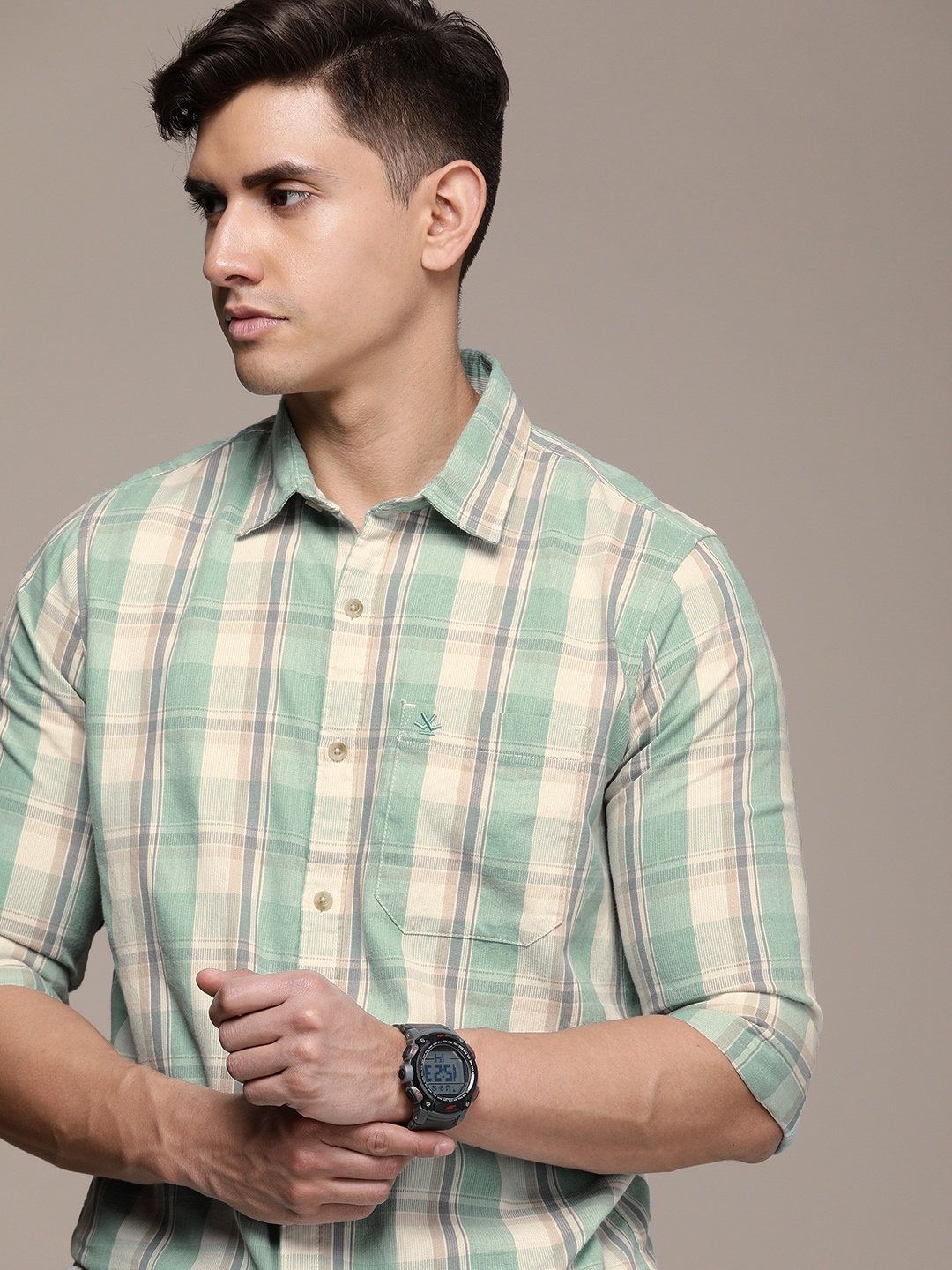 

WROGN Slim Fit Checked Corduroy Casual Shirt, Green