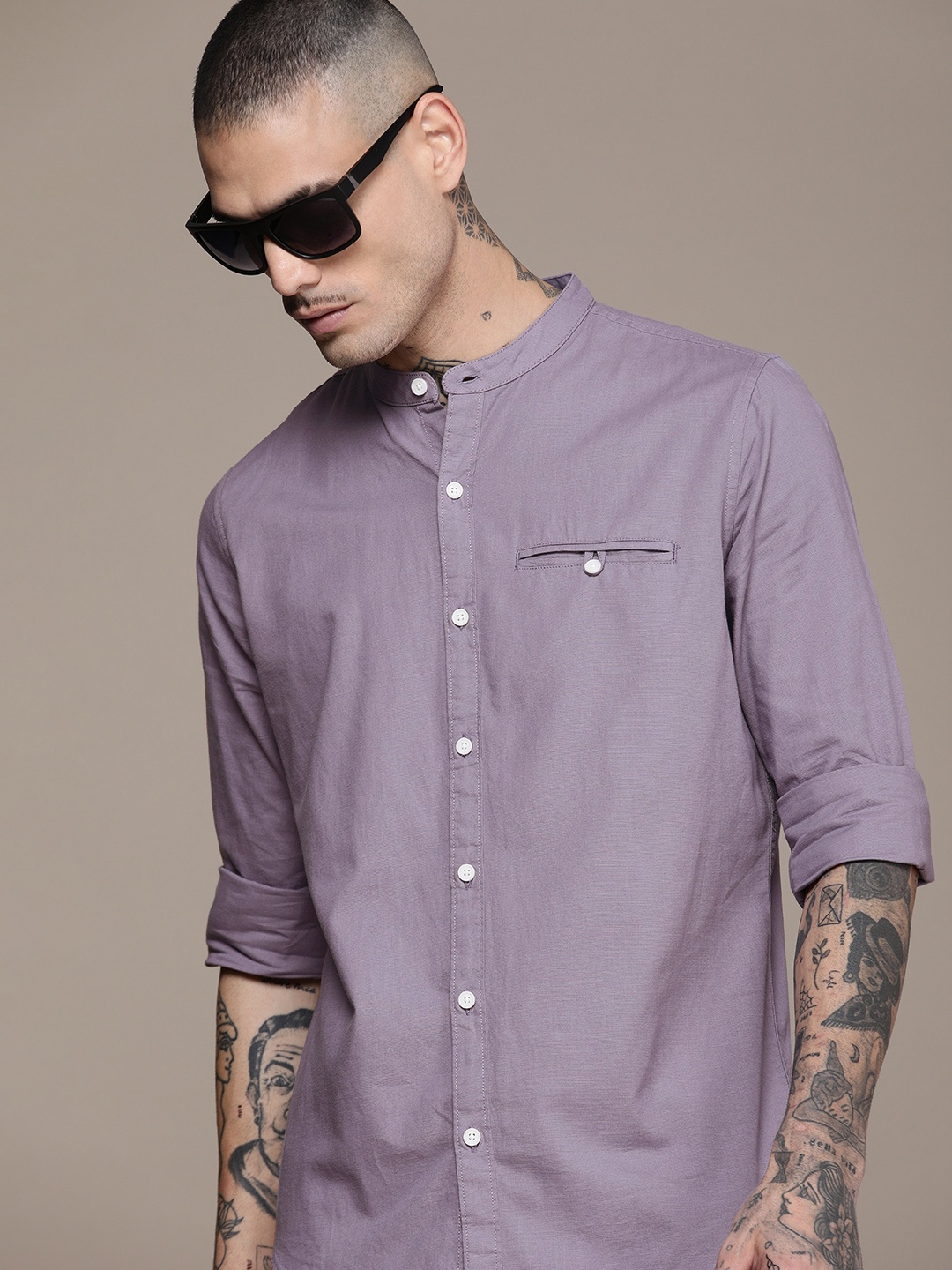 

WROGN Men Slim Fit Band Collar Pure Cotton Casual Shirt, Purple