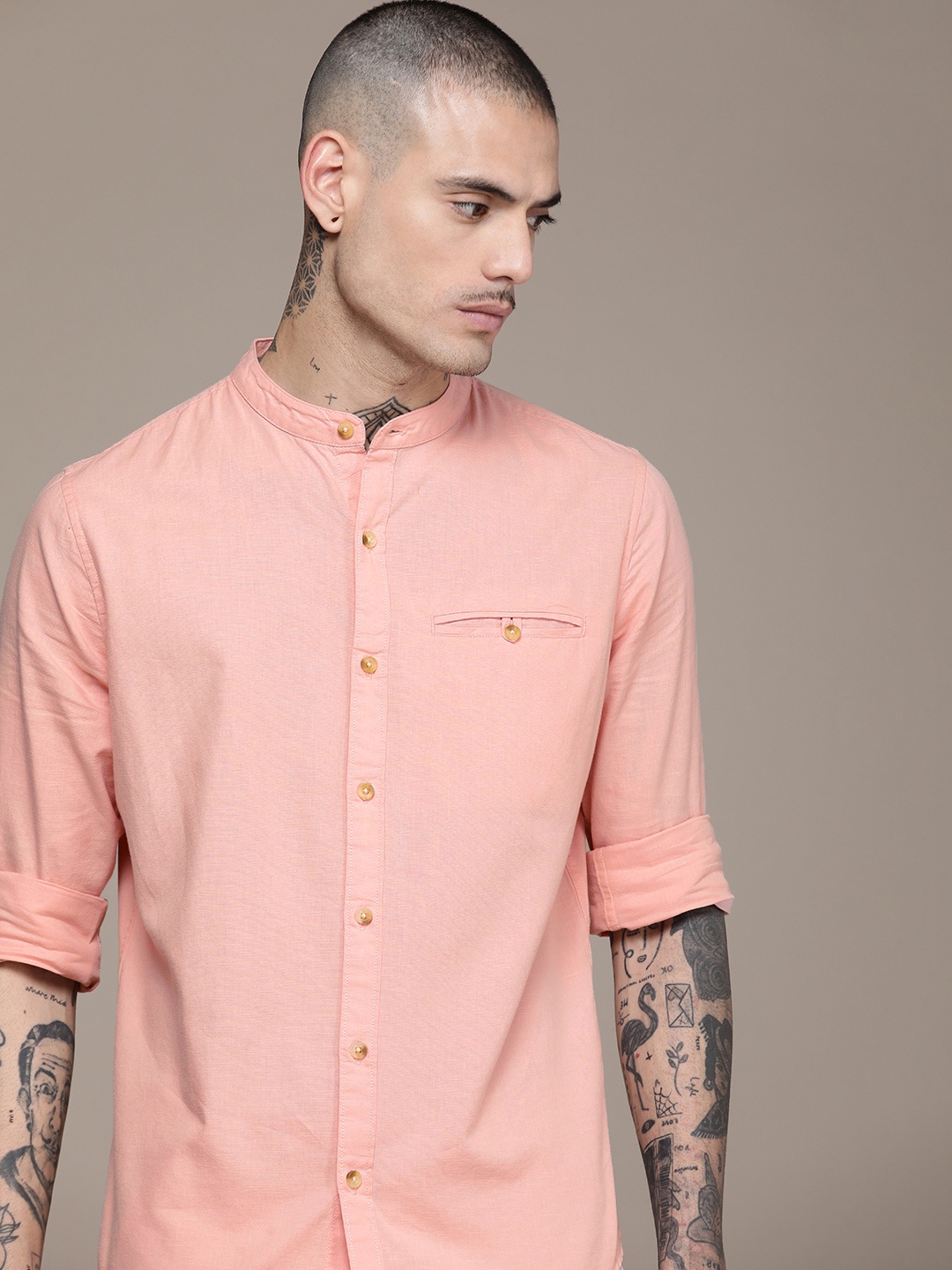 

WROGN Men Slim Fit Band Collar Pure Cotton Casual Shirt, Pink