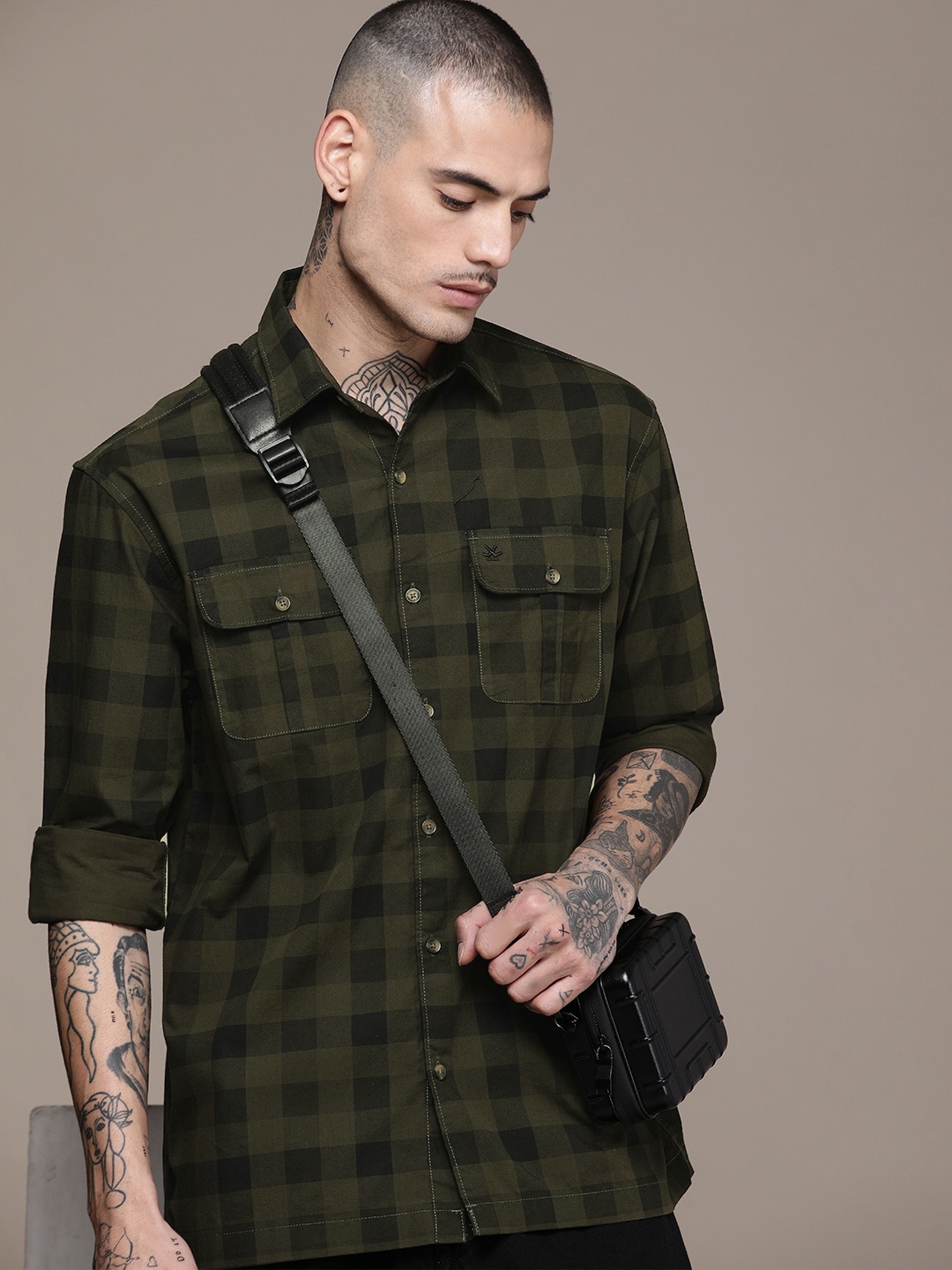 

WROGN Checked Pure Cotton Casual Shirt, Olive