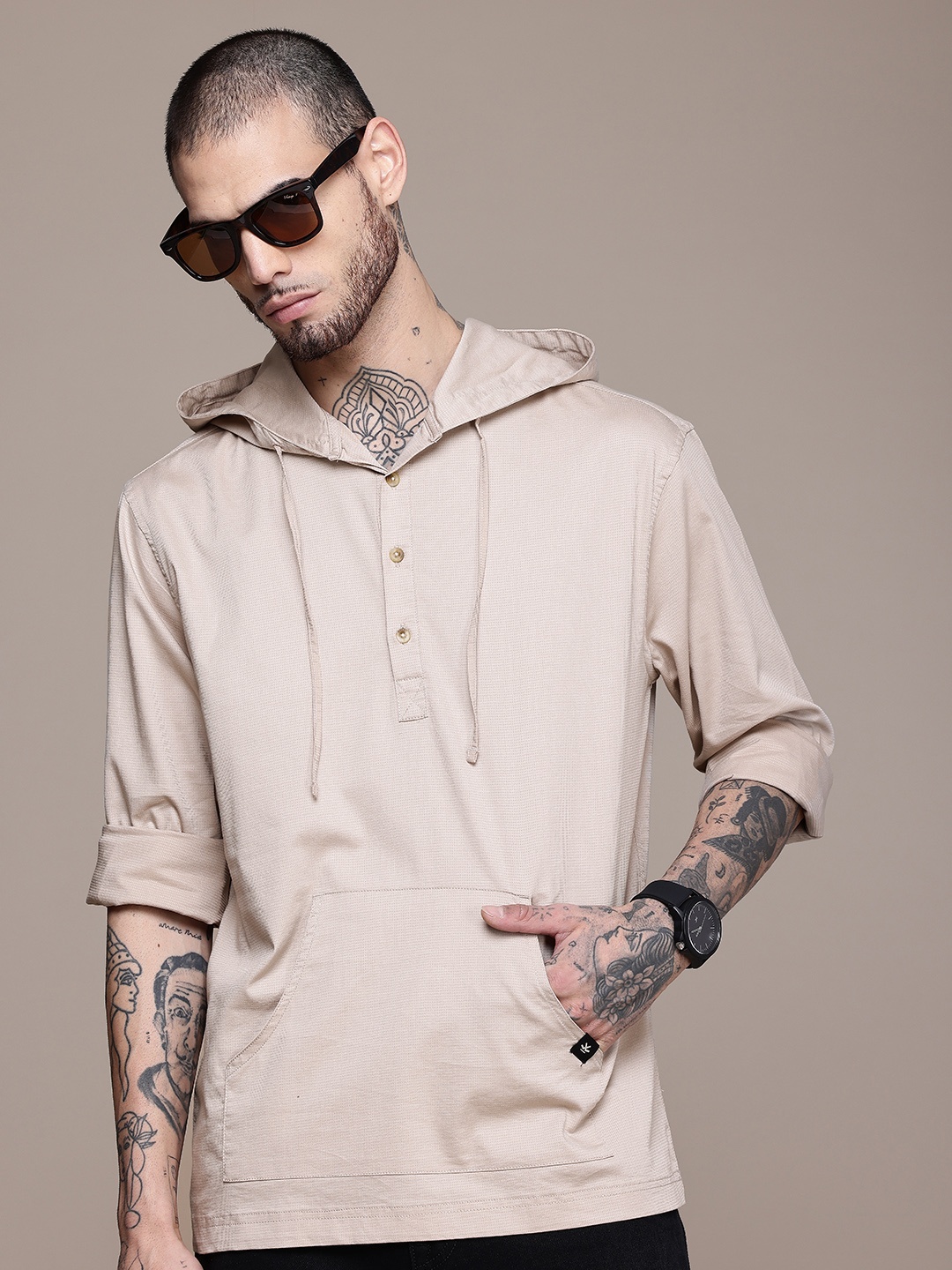 

WROGN Self Design Opaque Hooded Casual Shirt, Beige