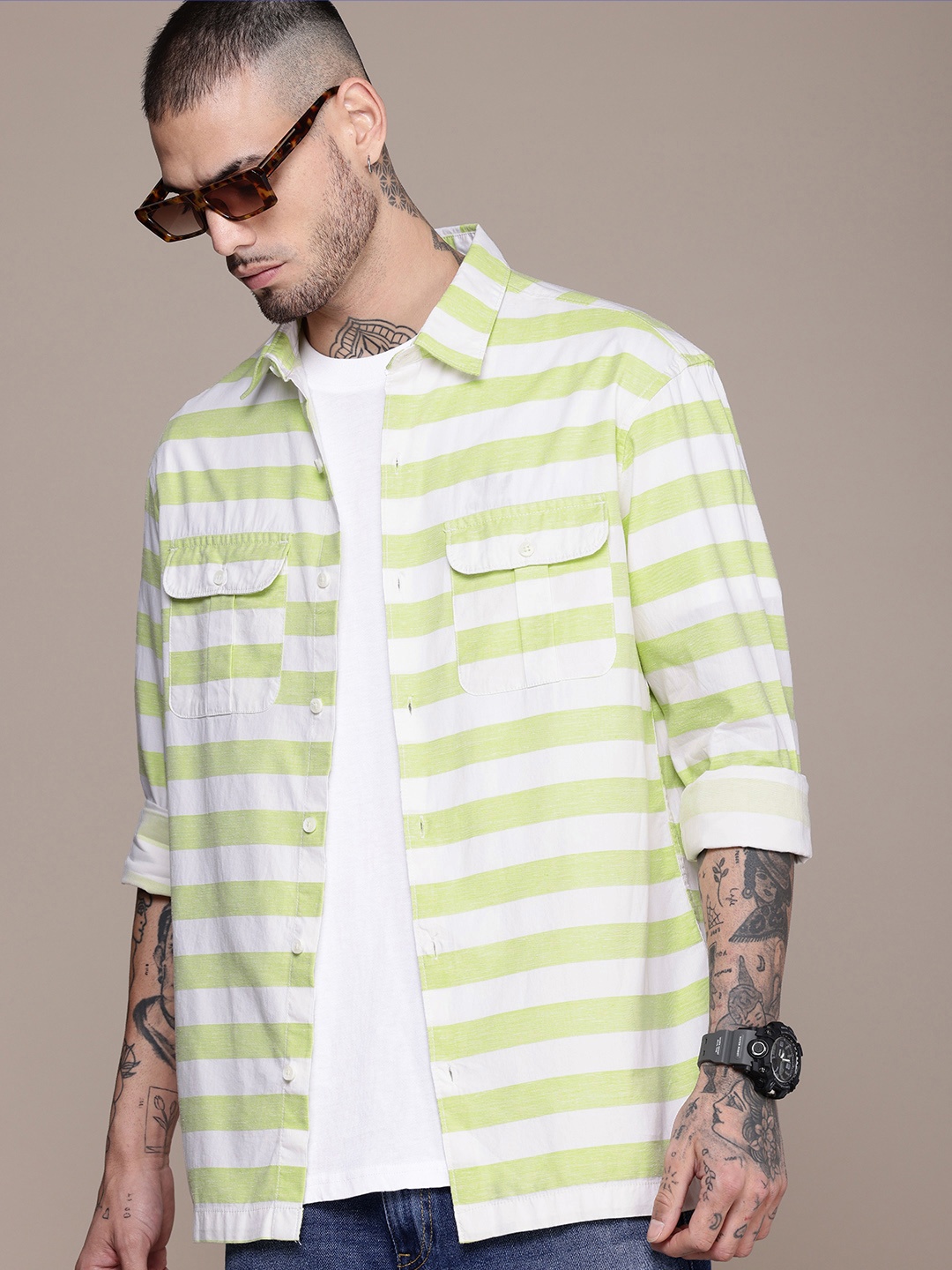 

WROGN Slim Fit Horizontal Striped Casual Shirt, Green