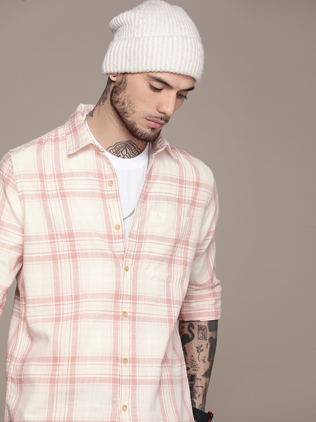 

WROGN Pure Cotton Slim Fit Checked Casual Shirt, Mauve