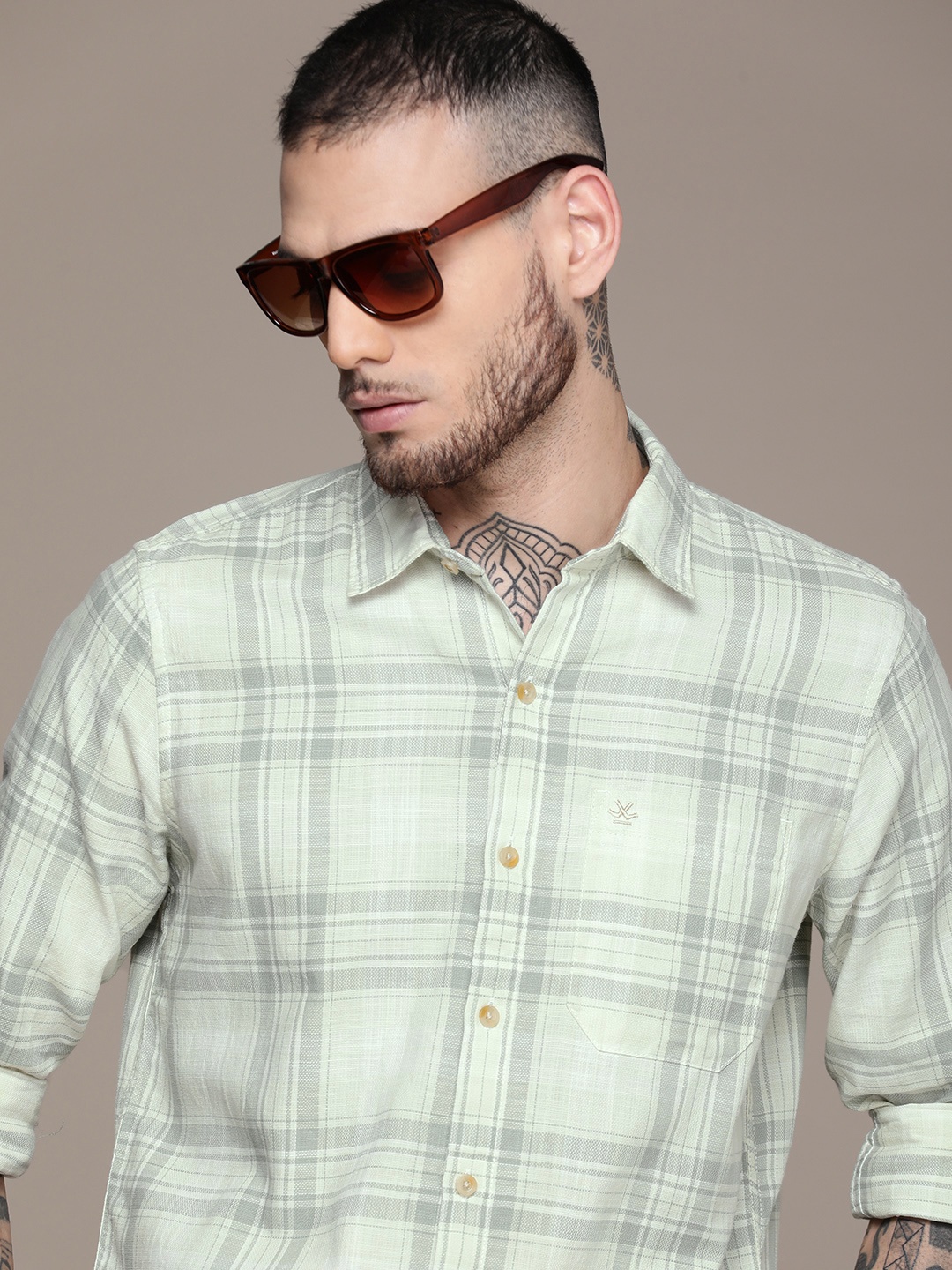 

WROGN Pure Cotton Slim Fit Checked Casual Shirt, Green