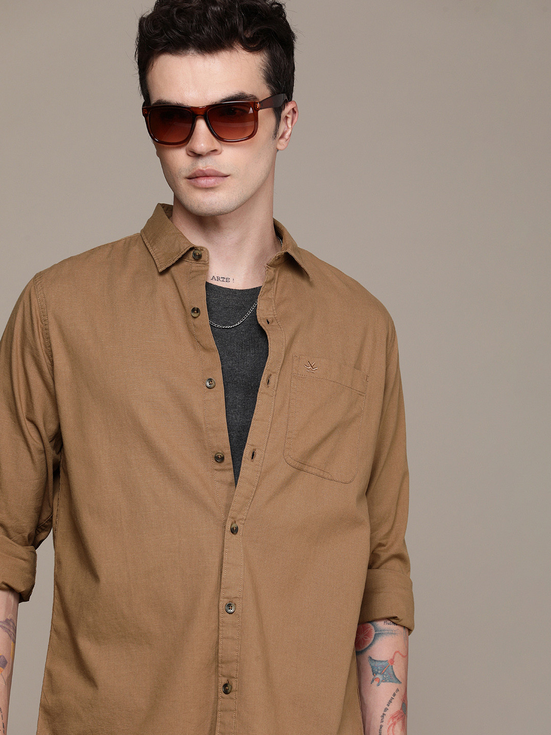 

WROGN Pure Cotton Slim Fit Casual Shirt, Brown