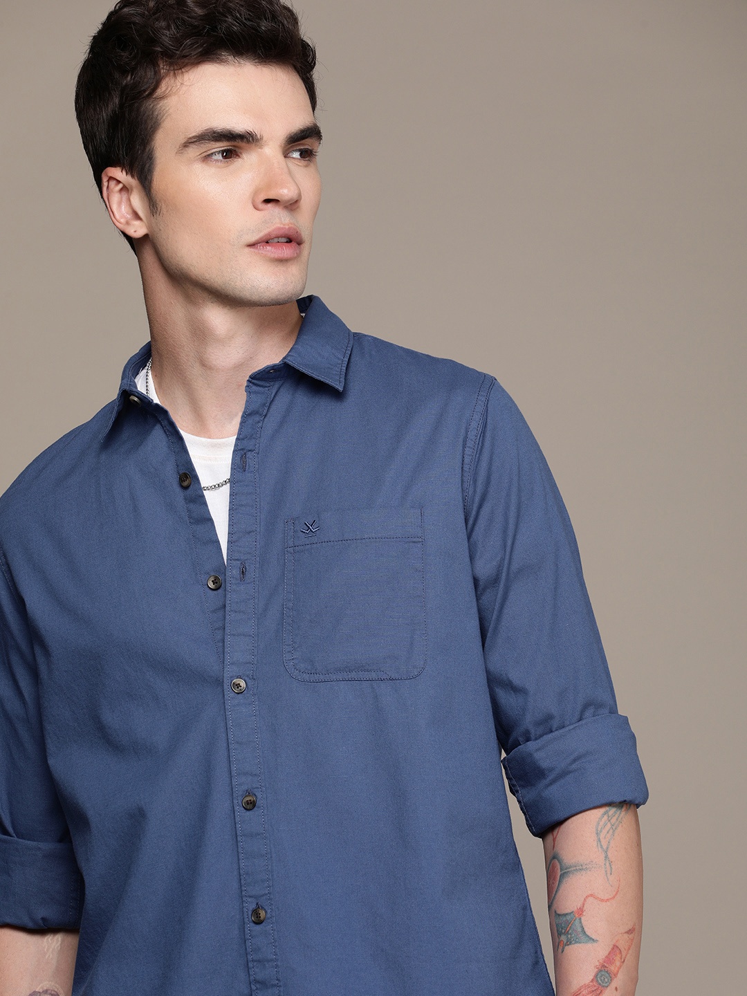 

WROGN Pure Cotton Slim Fit Casual Shirt, Blue