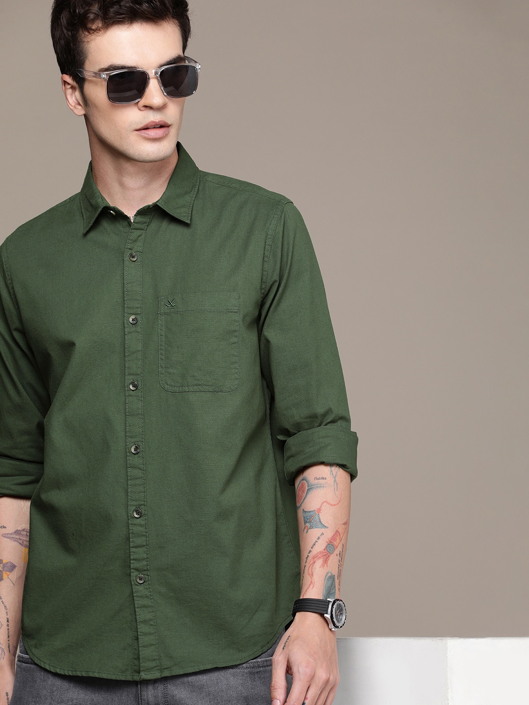 

WROGN Pure Cotton Slim Fit Casual Shirt, Green