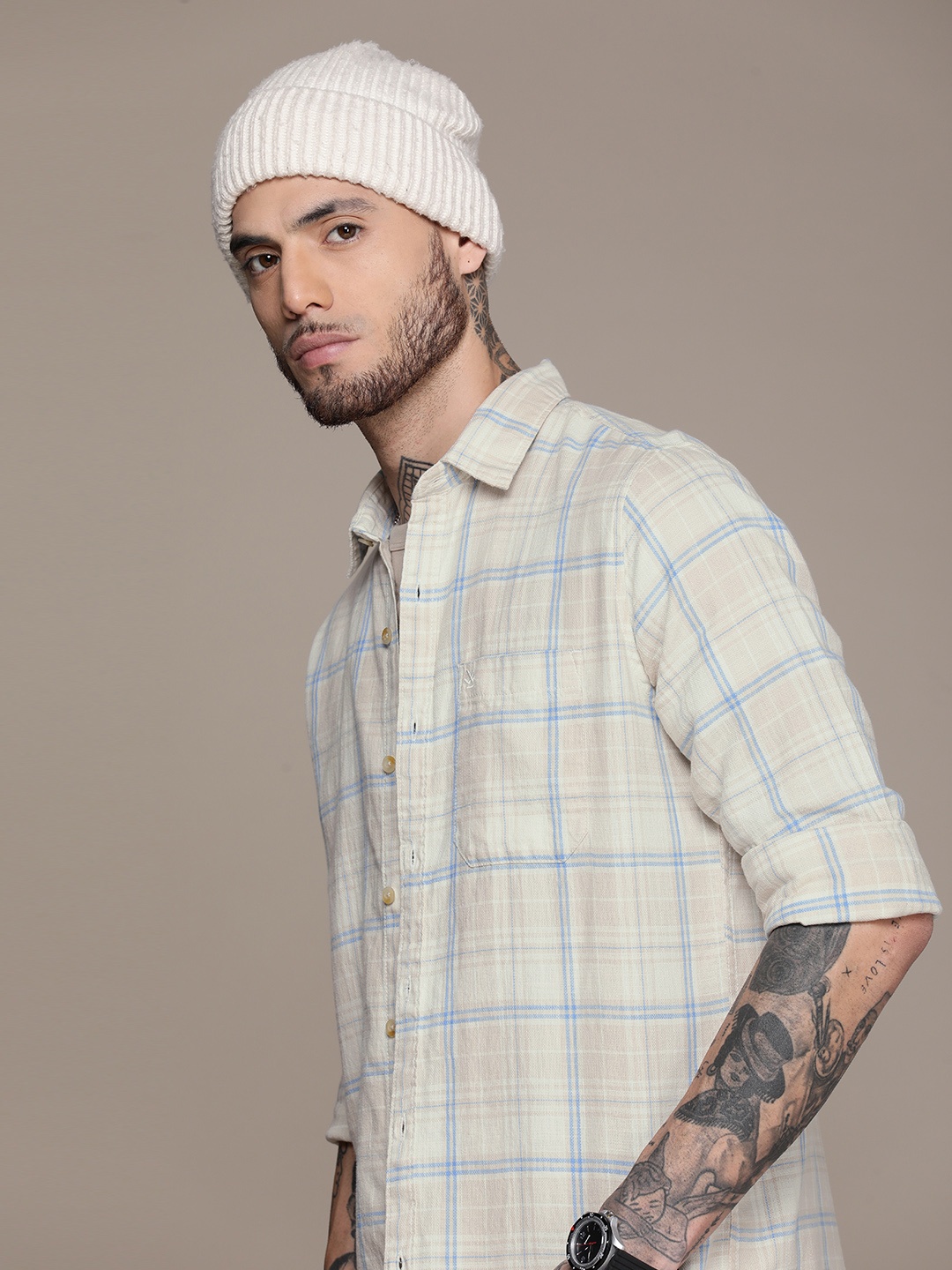 

WROGN Pure Cotton Slim Fit Checked Casual Shirt, Green