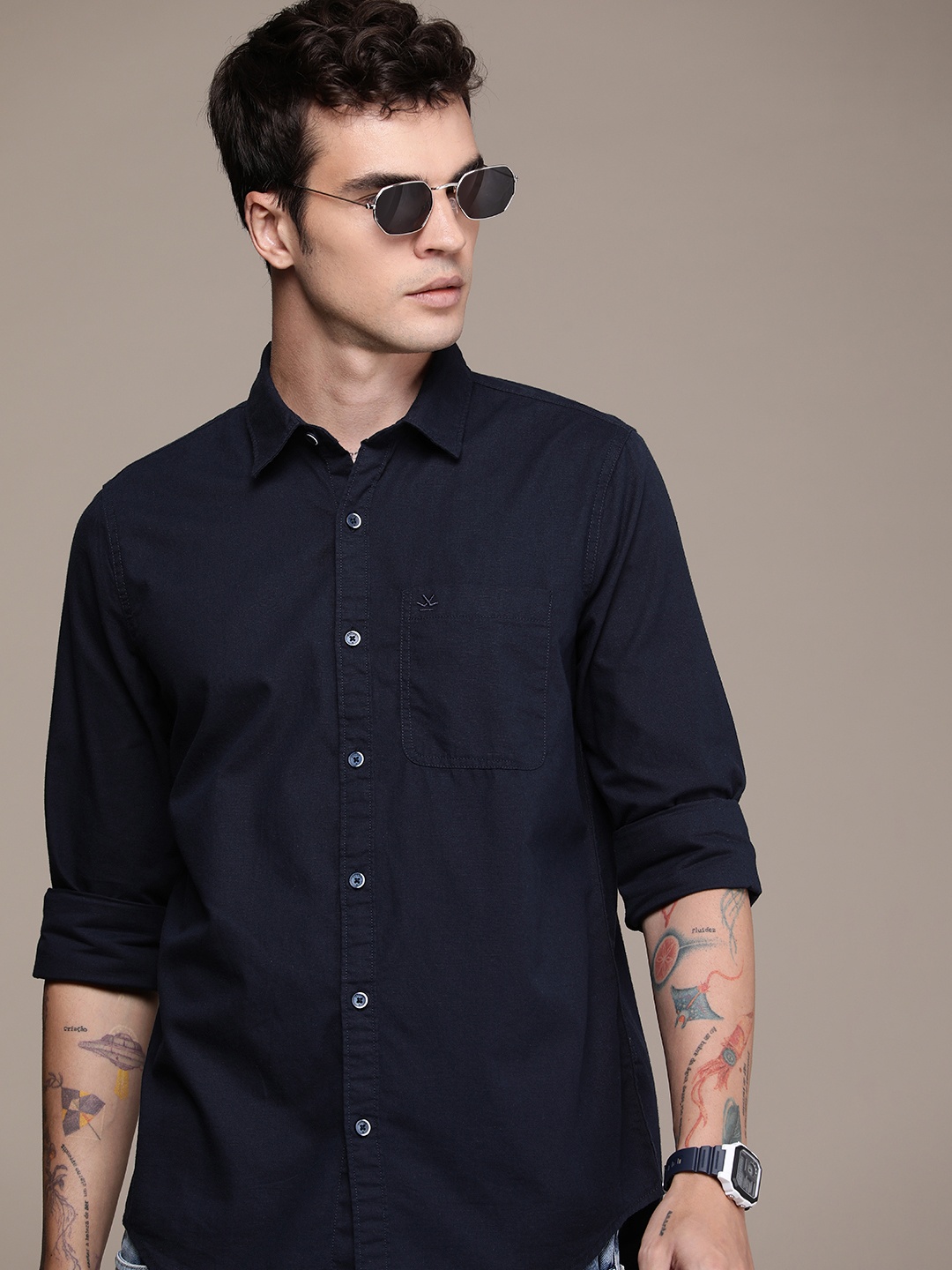 

WROGN Pure Cotton Slim Fit Opaque Casual Shirt, Navy blue