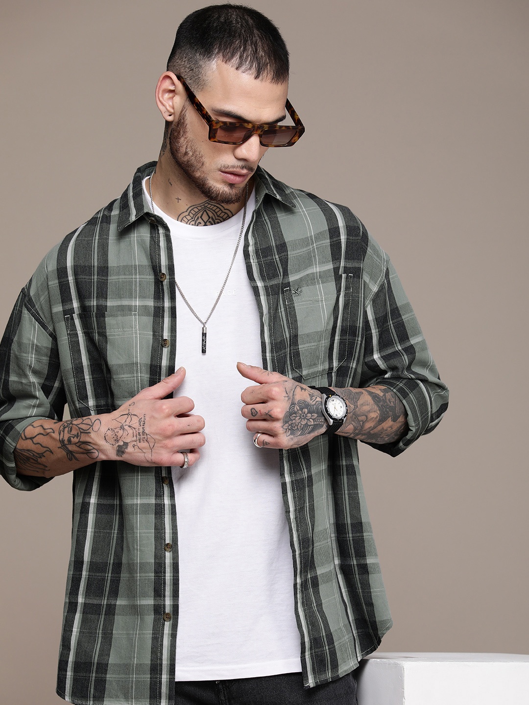 

WROGN Checked Oversized Casual Shirt, Grey
