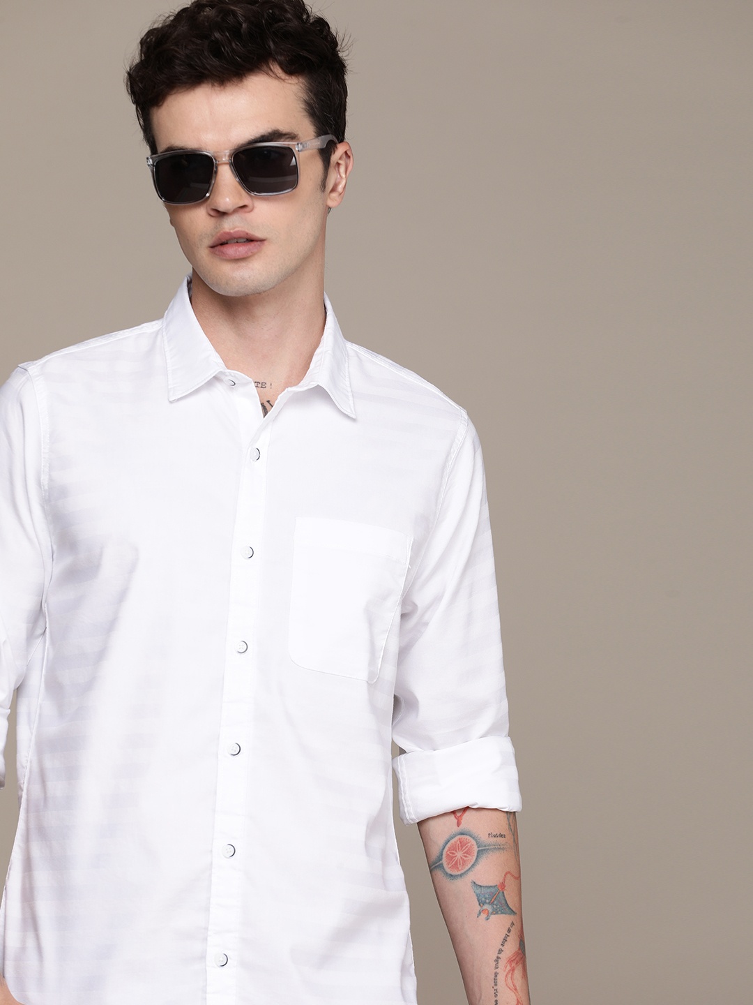 

WROGN Horizontal Striped Slim Fit Casual Shirt, White
