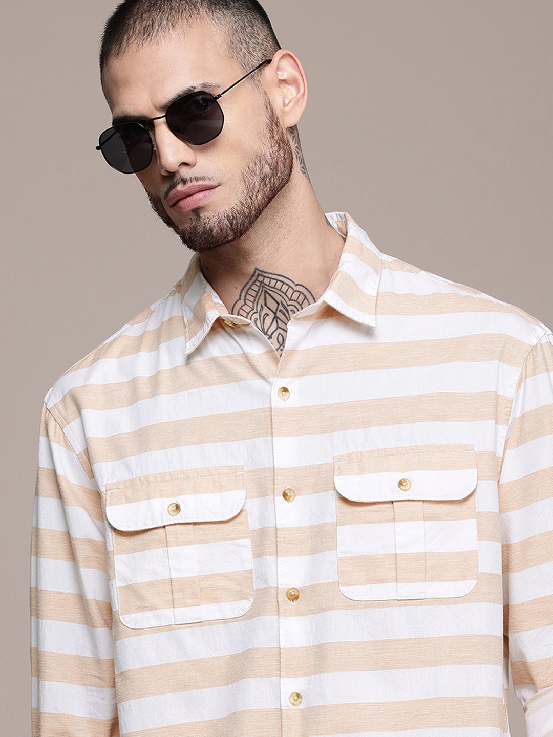 

WROGN Long Sleeves Striped Casual Shirt, Beige