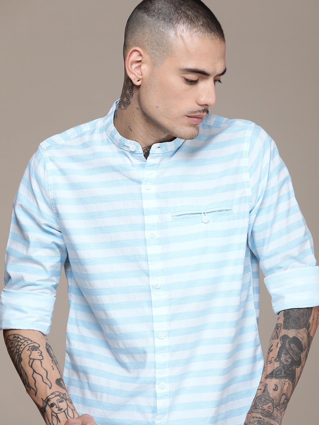 

WROGN Slim Fit Striped Casual Shirt, Blue