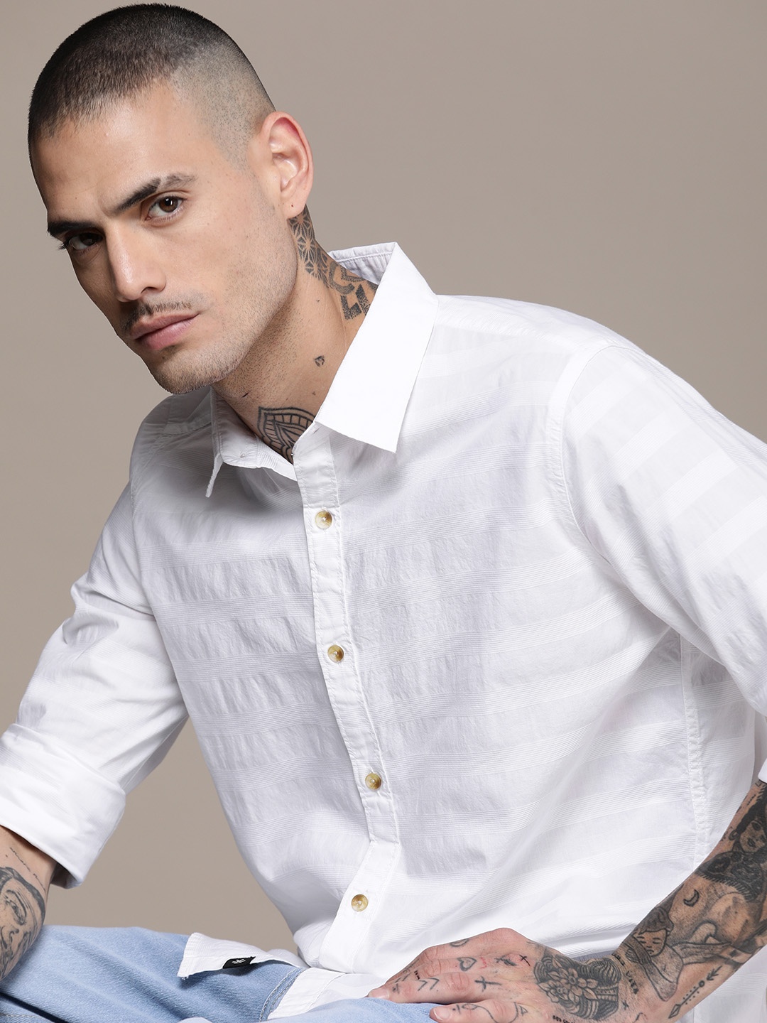 

WROGN Pure Cotton Slim Fit Striped Casual Shirt, White