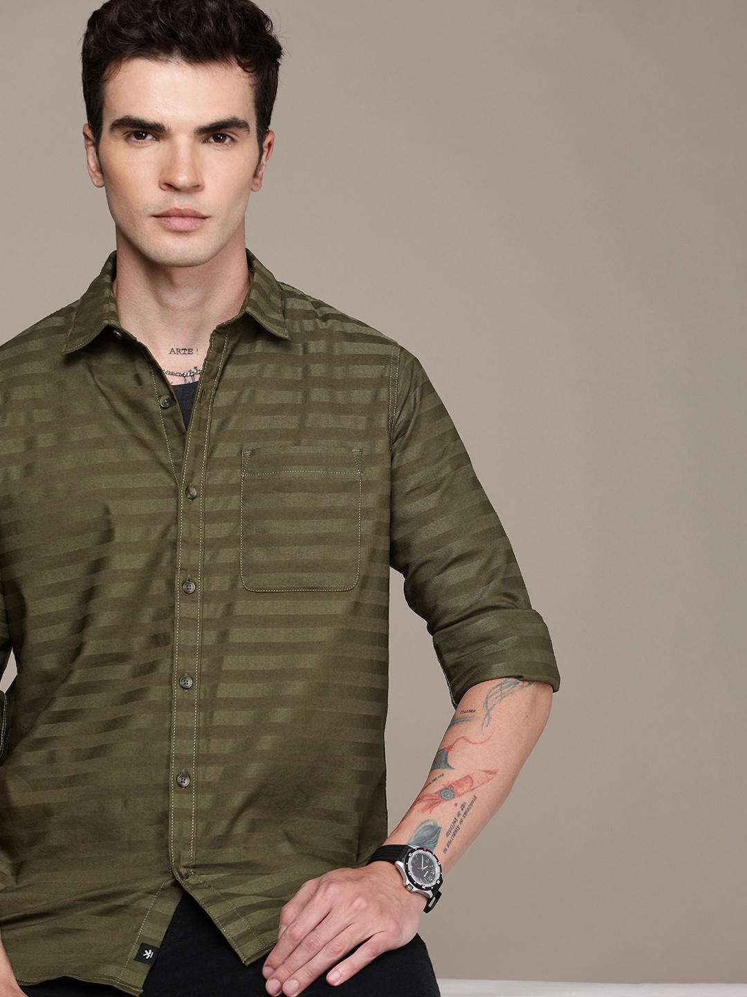 

WROGN Slim Fit Striped Casual Shirt, Olive
