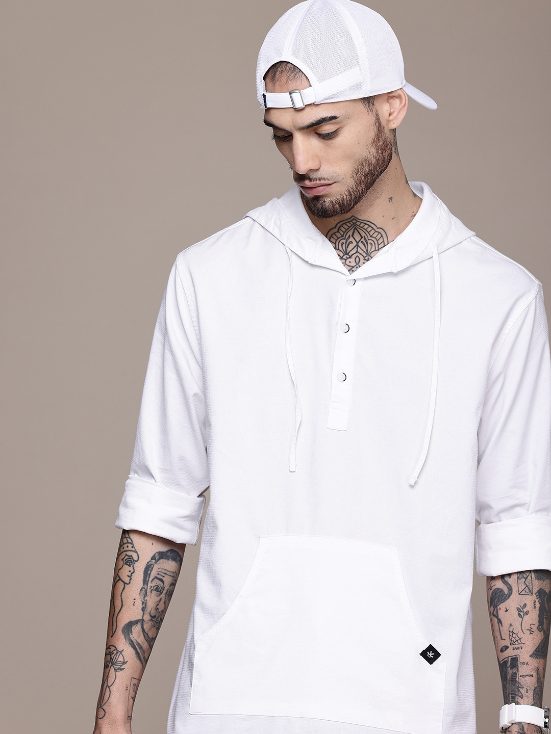 

WROGN Self Design Opaque Hooded Casual Shirt, White