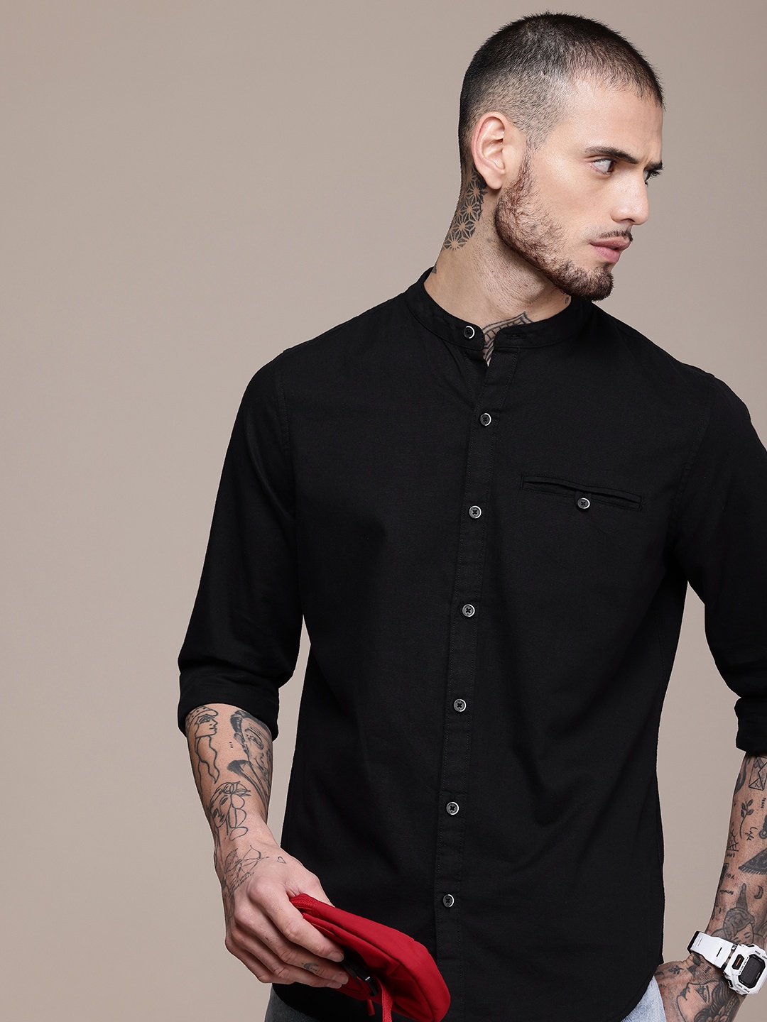 

WROGN Pure Cotton Slim Fit Casual Shirt, Black