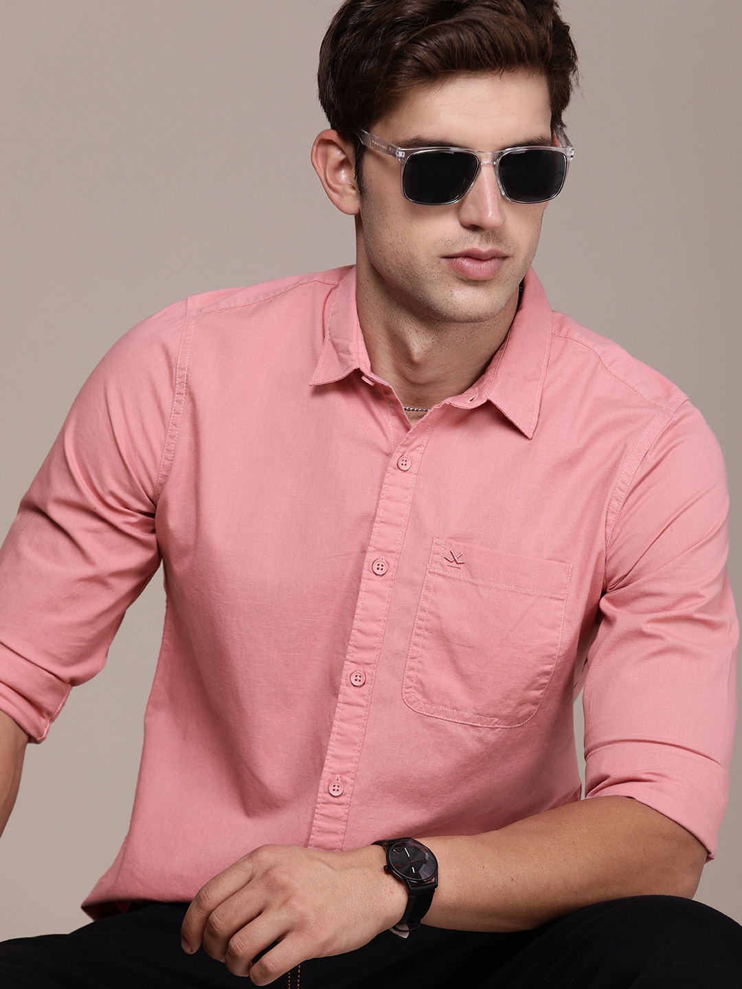 

WROGN Men Slim Fit Pure Cotton Casual Shirt, Pink