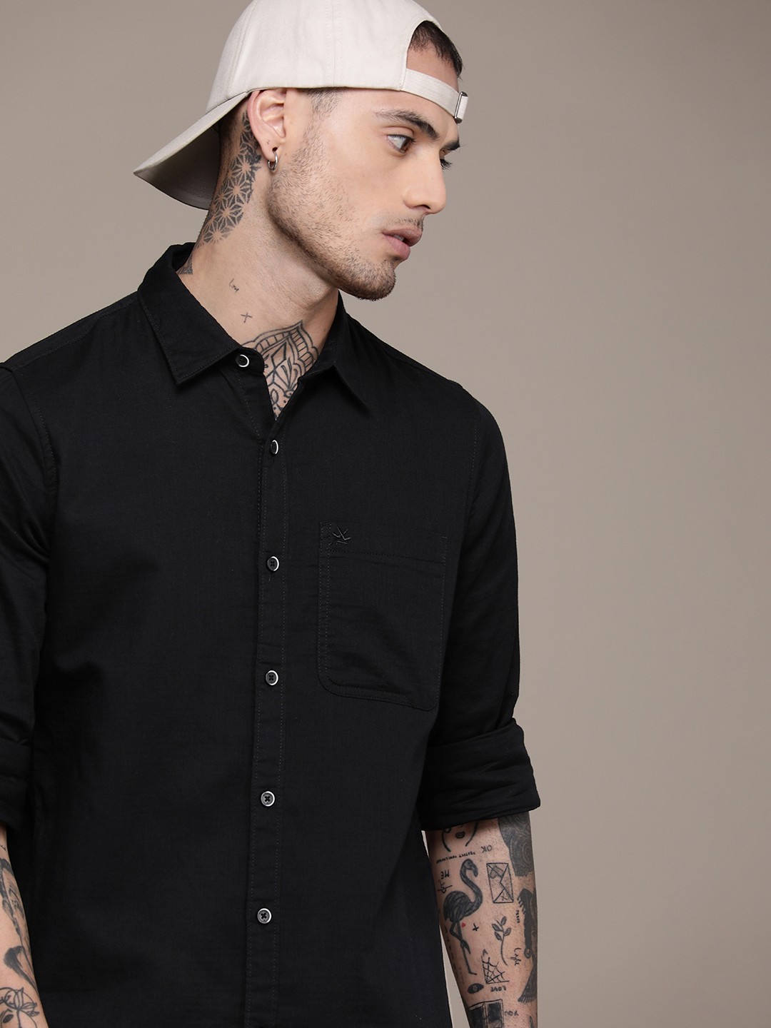

WROGN Pure Cotton Slim Fit Opaque Casual Shirt, Black