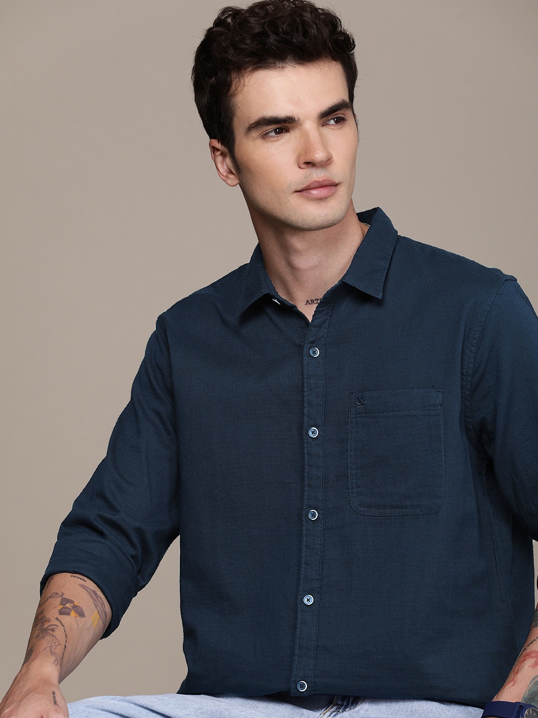 

WROGN Pure Cotton Slim Fit Casual Shirt, Navy blue