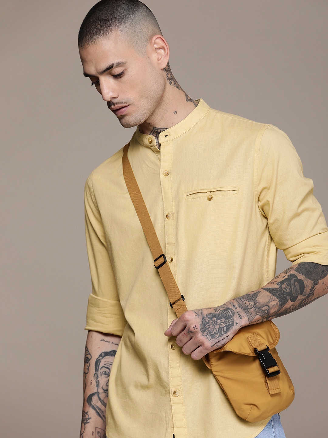 

WROGN Men Slim Fit Band Collar Pure Cotton Casual Shirt, Yellow