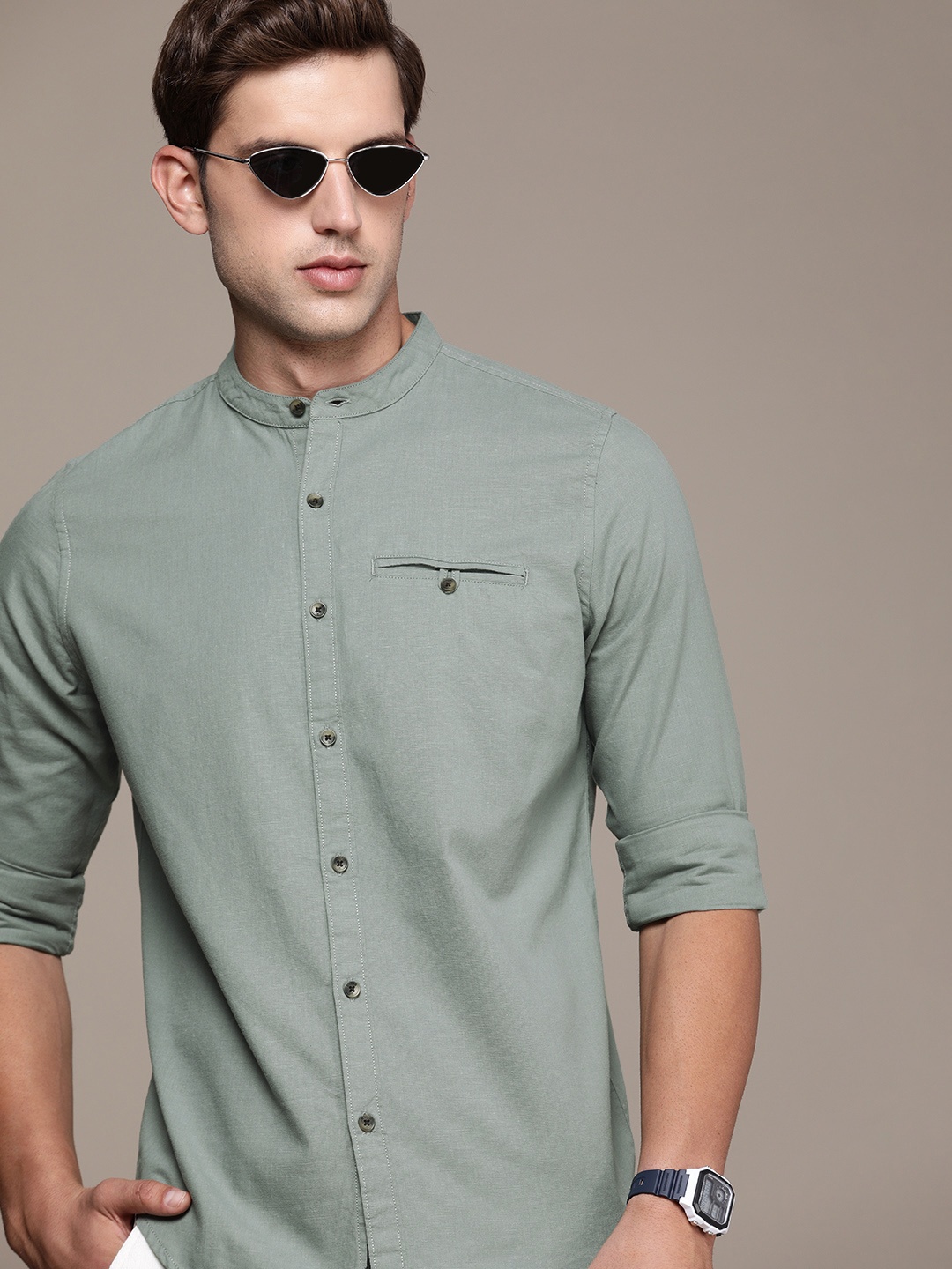 

WROGN Men Slim Fit Band Collar Pure Cotton Casual Shirt, Green