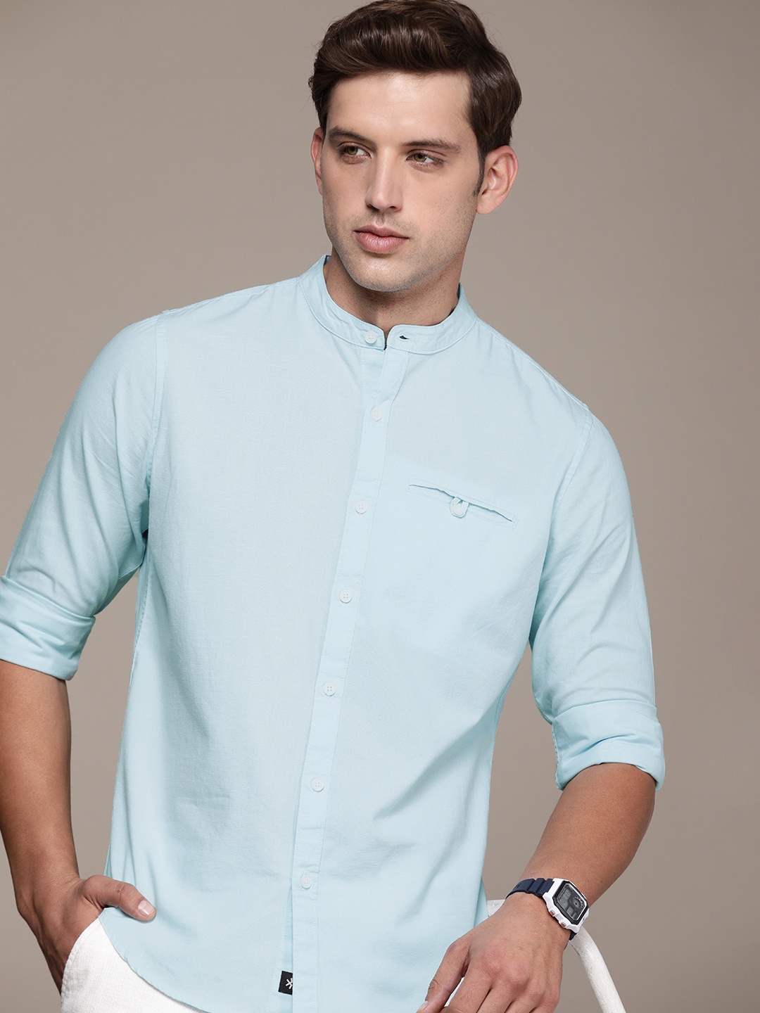 

WROGN Men Slim Fit Band Collar Pure Cotton Casual Shirt, Turquoise blue