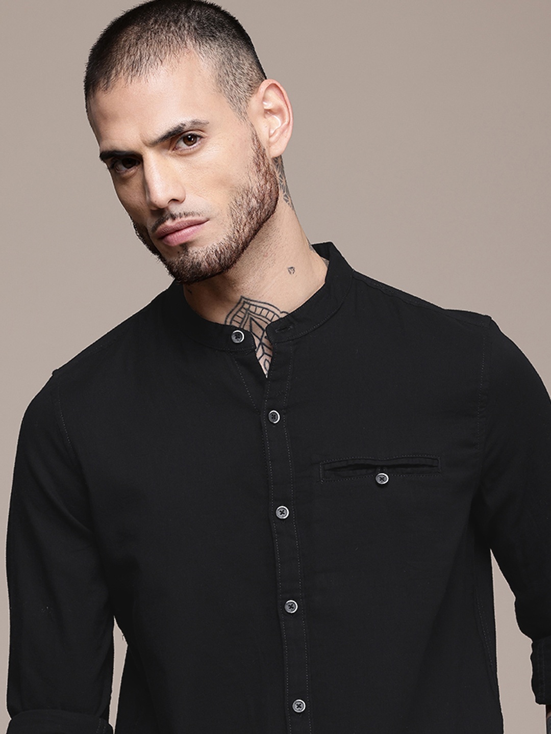 

WROGN Pure Cotton Slim Fit Casual Shirt, Black