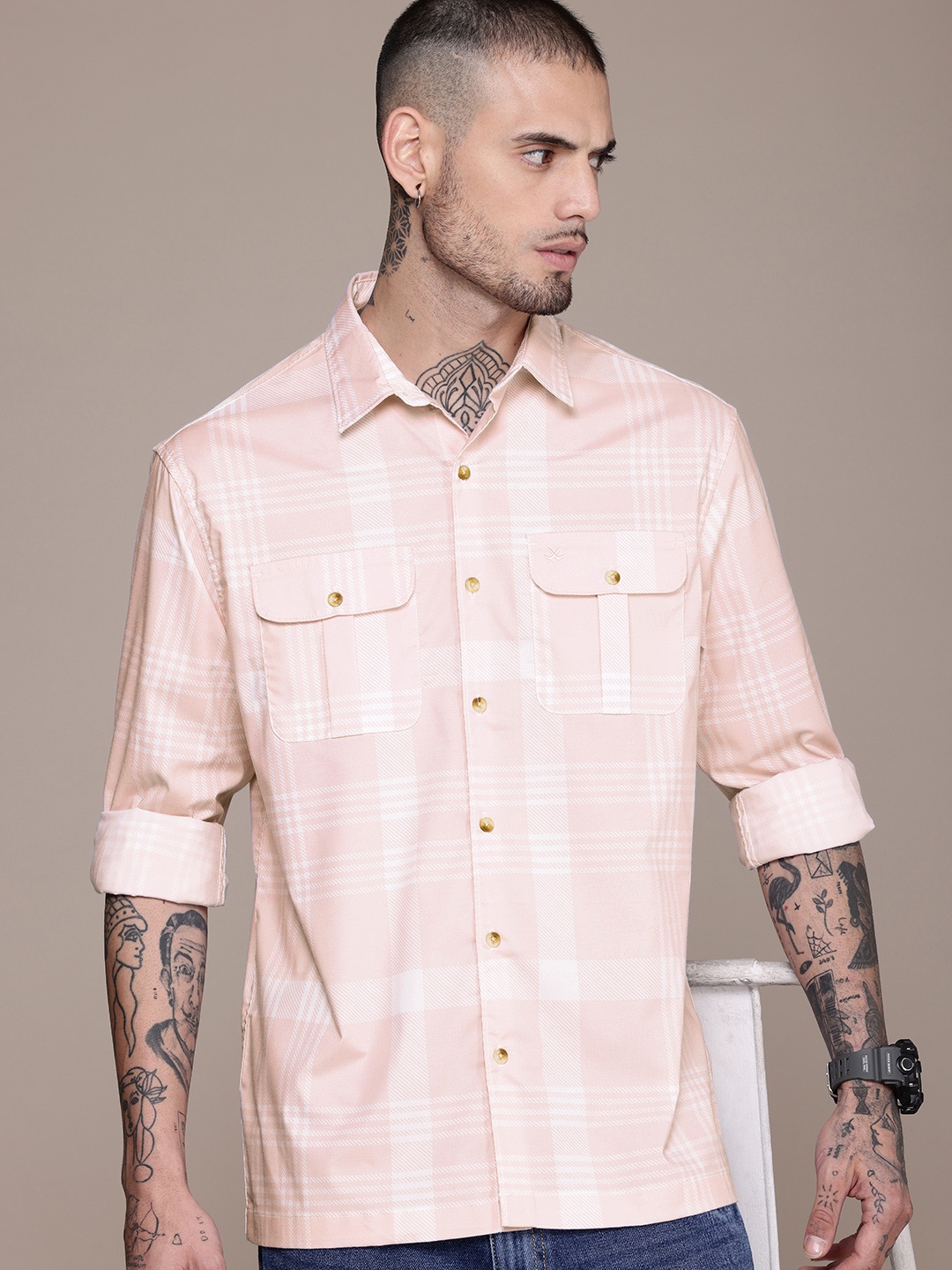 

WROGN Slim Fit Opaque Checked Casual Shirt, Pink