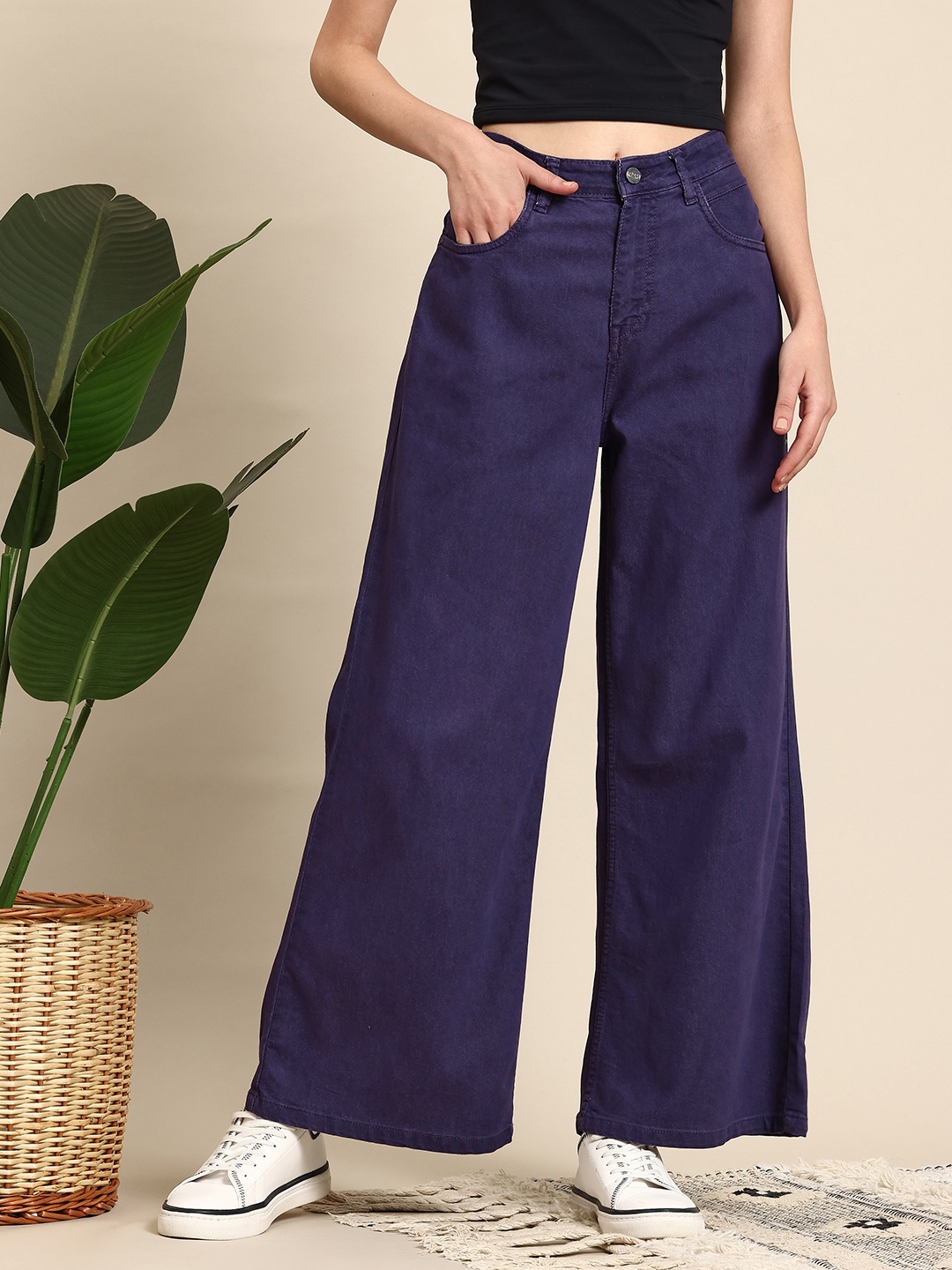 

Mast & Harbour Women Wide Leg Coloured Jeans, Purple