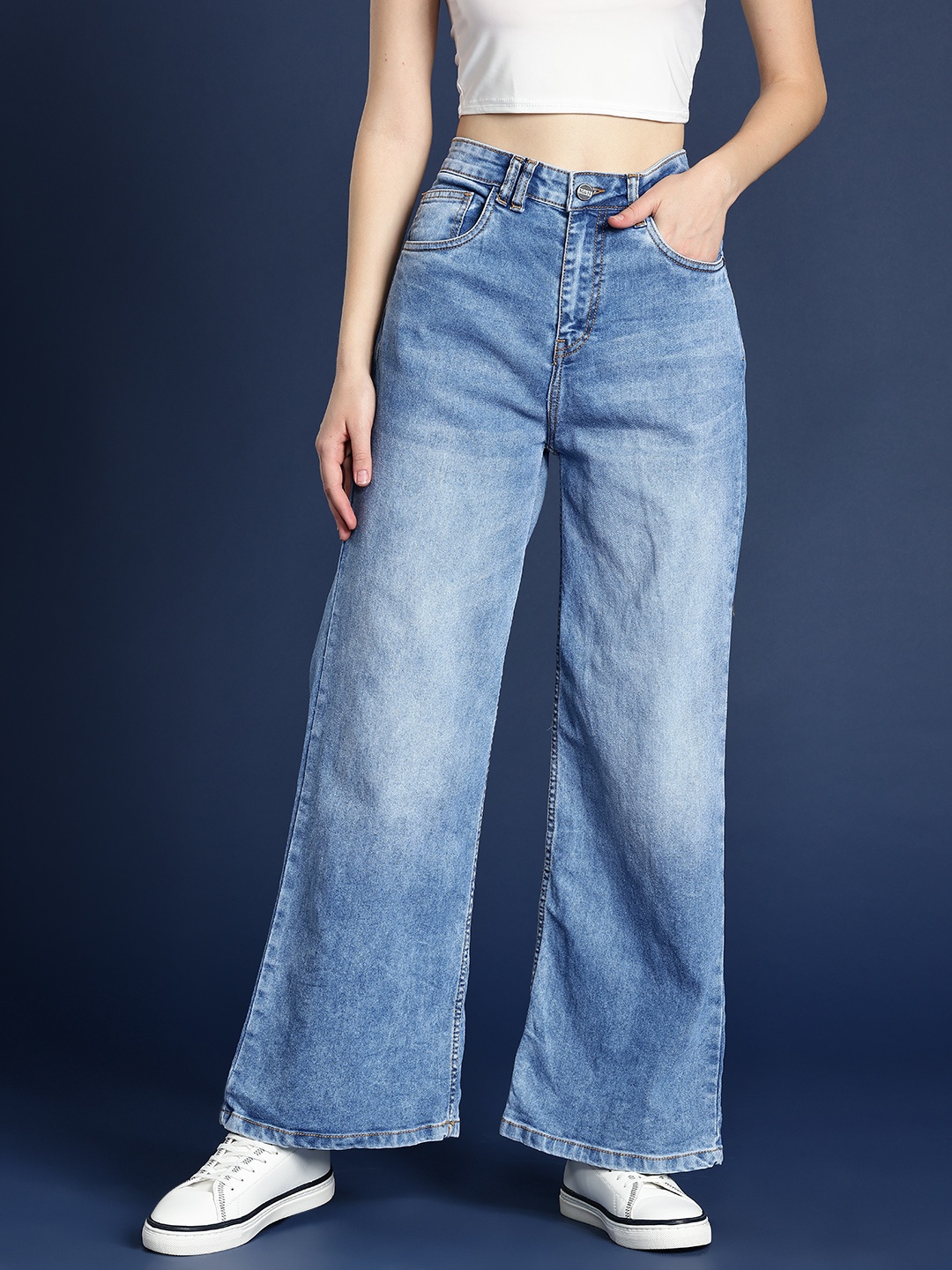 

Mast & Harbour Women Wide Leg High-Rise Light Fade Stretchable Jeans, Blue