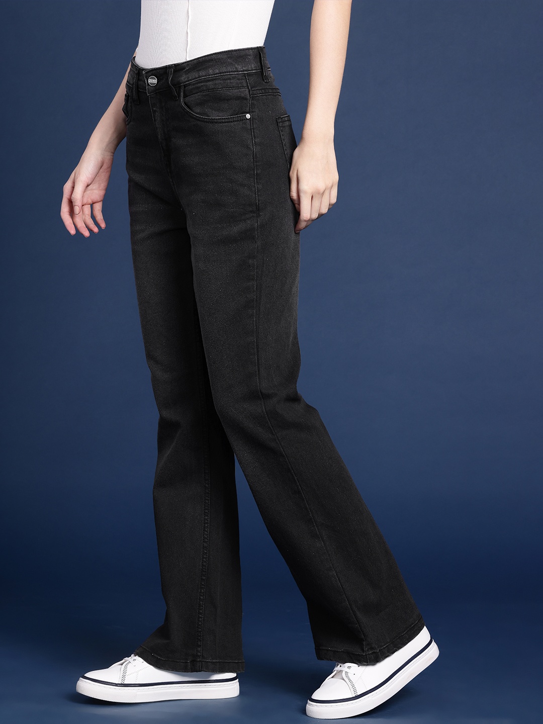 

Mast & Harbour Women Flared Light Fade Stretchable Mid-Rise Jeans, Black
