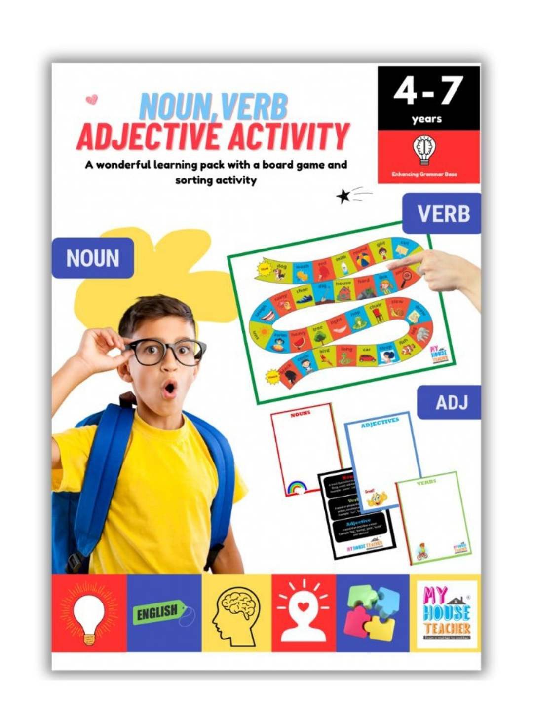 

My House Teacher Kids Noun Verb Adjective concept magic Activity Folder, White