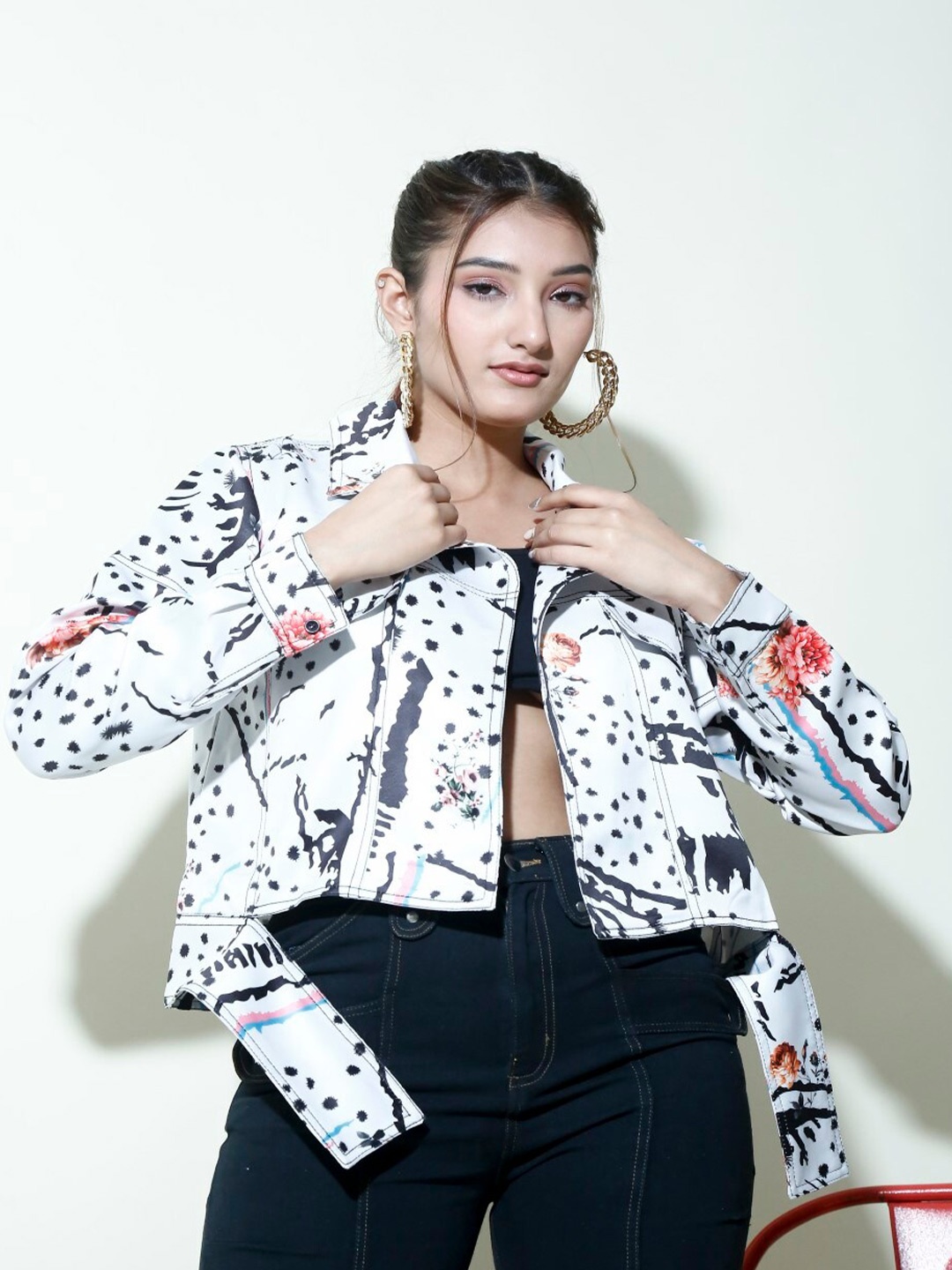 

Stylecast X Hersheinbox Abstract Printed Crop Bomber Jacket, White