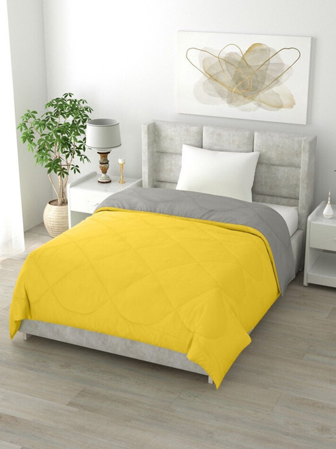 

RF RELAXFEEL Yellow & Grey Microfiber Heavy Winter 233 GSM Double Bed Quilt