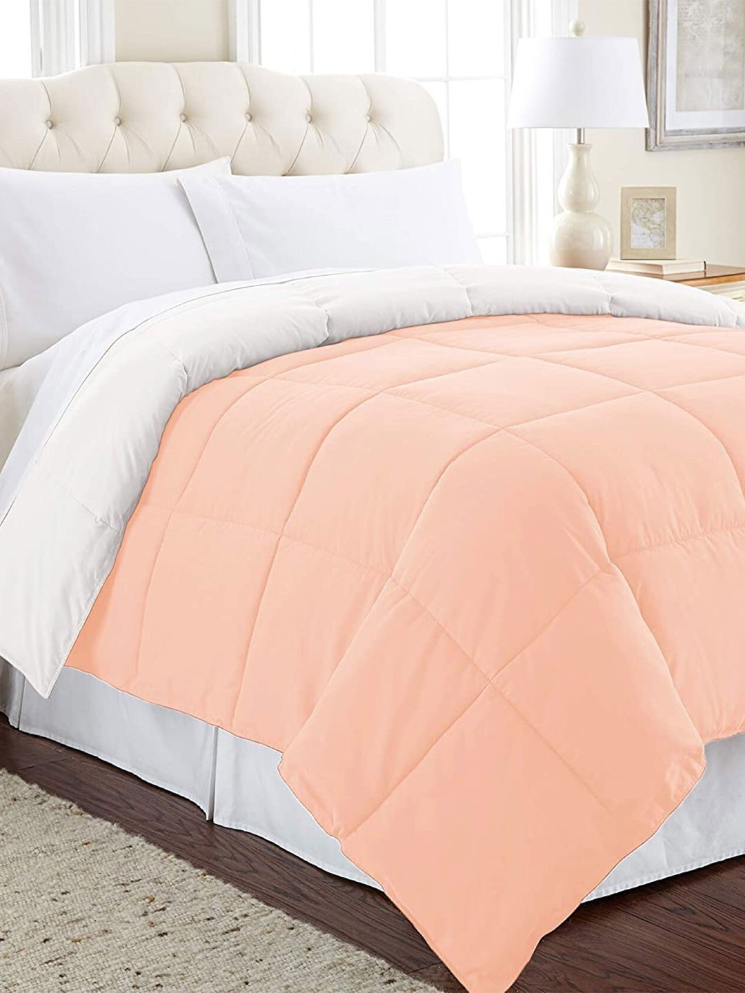 

RF RELAXFEEL Peach & White Checked Heavy Winter 233 GSM Double Bed Comforter