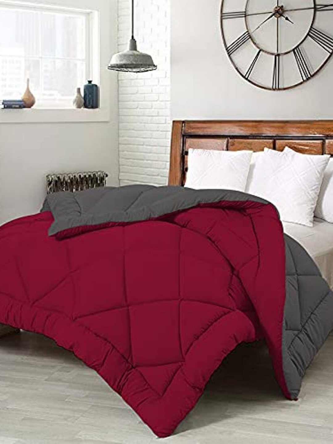 

RF RELAXFEEL Maroon & Grey Checked Heavy Winter 233 GSM Double Bed Comforter